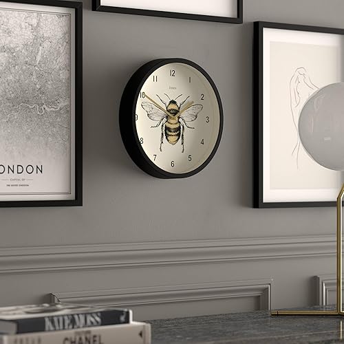 Miniatura 5 de JONES CLOCKS Reloj de pared de abeja Reloj pequeño y moderno con ilustración de abeja 10 pulgadas Negro Diseño decorativo para cocina, sala de