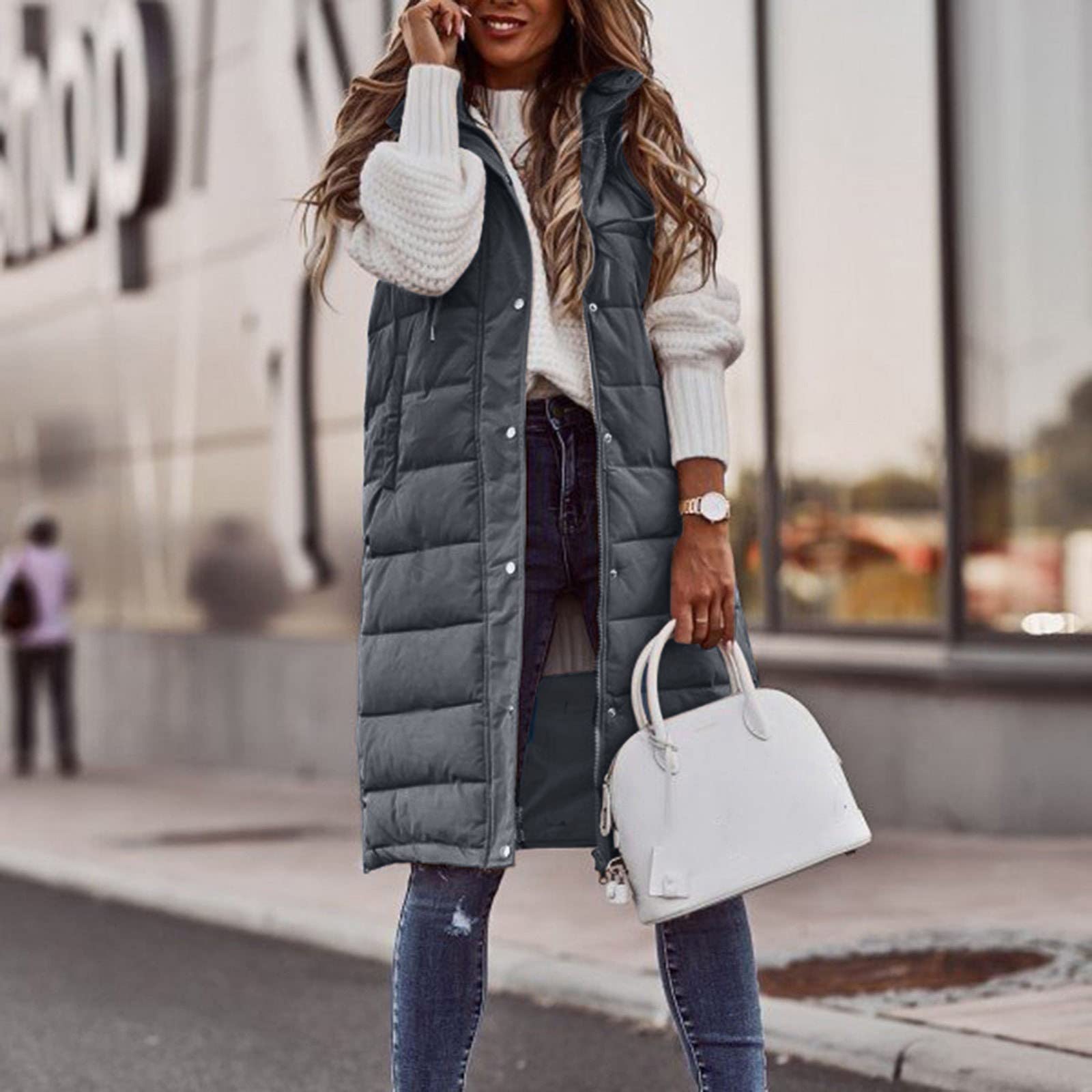 Weste Damen Lang Winter Plus Size Long-Steppweste Lässige Pufferjacke Oversize Steppweste Übergangsweste Winterjacke Daunen Große Größen Daunenjacke Übergangsjacke Übergangsweste
