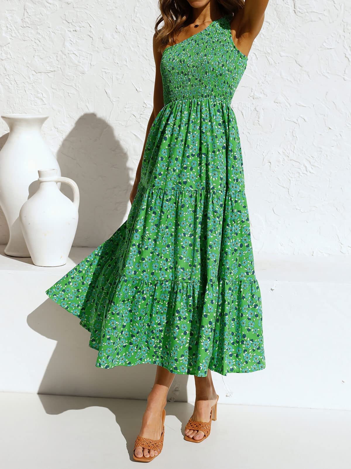 ZESICA Women's 2025 Bohemian Summer Floral Print One Shoulder Sleeveless Smocked Ruffle Tiered Beach Long Midi Dress