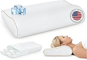 Sandwich Memory Foam Pillow for Sleeping - Ergonomic Cervical Cooling Pillows Queen Size, Adjustable Contour Pillow for Neck, Bed Pillow for Side, Back & Stomach Sleepers