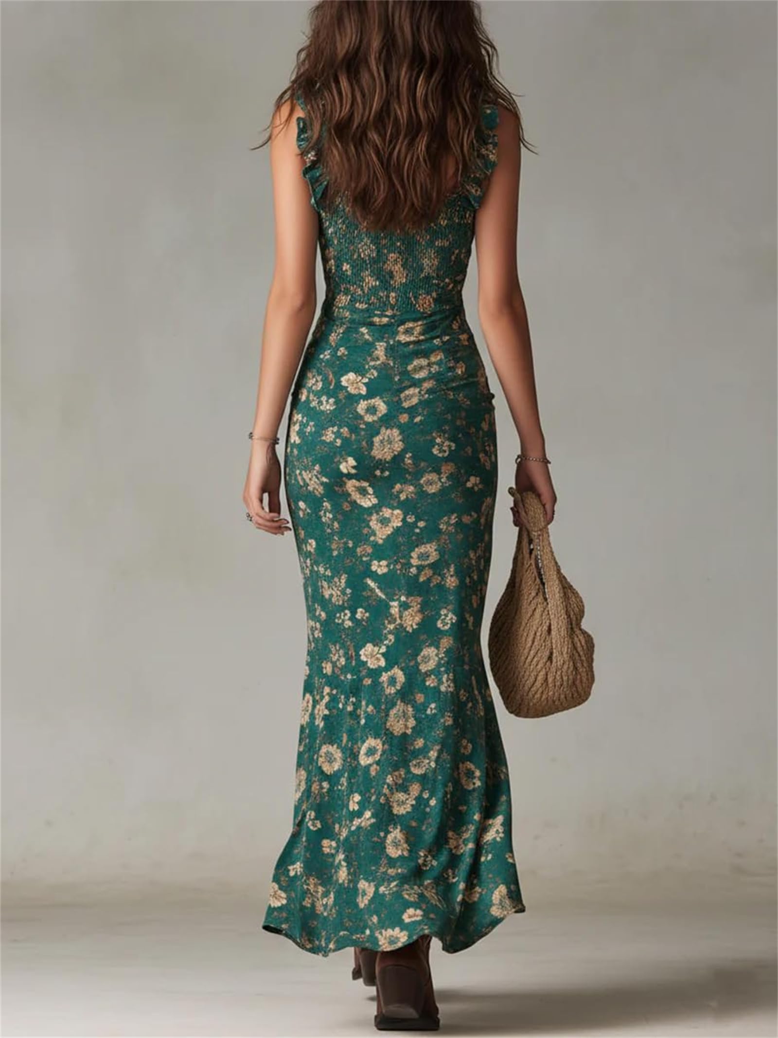 Maxi abito da donna Boho floreale con punto smock cinturino increspato vacanza prendisole