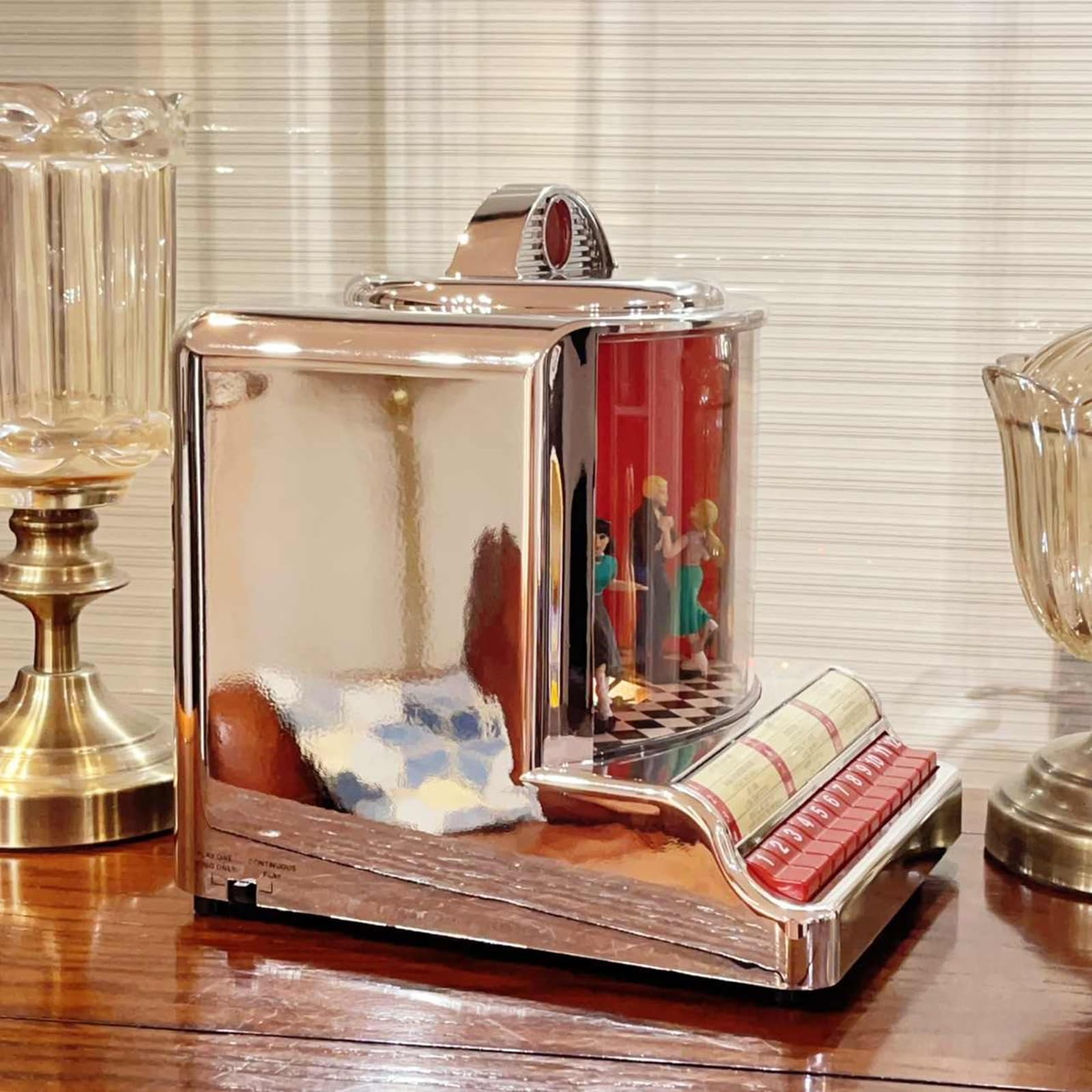 Jukebox retrò con altoparlante integrato e design classico anni '50, riproduce 12 canzoni con presentazioni sincronizzate