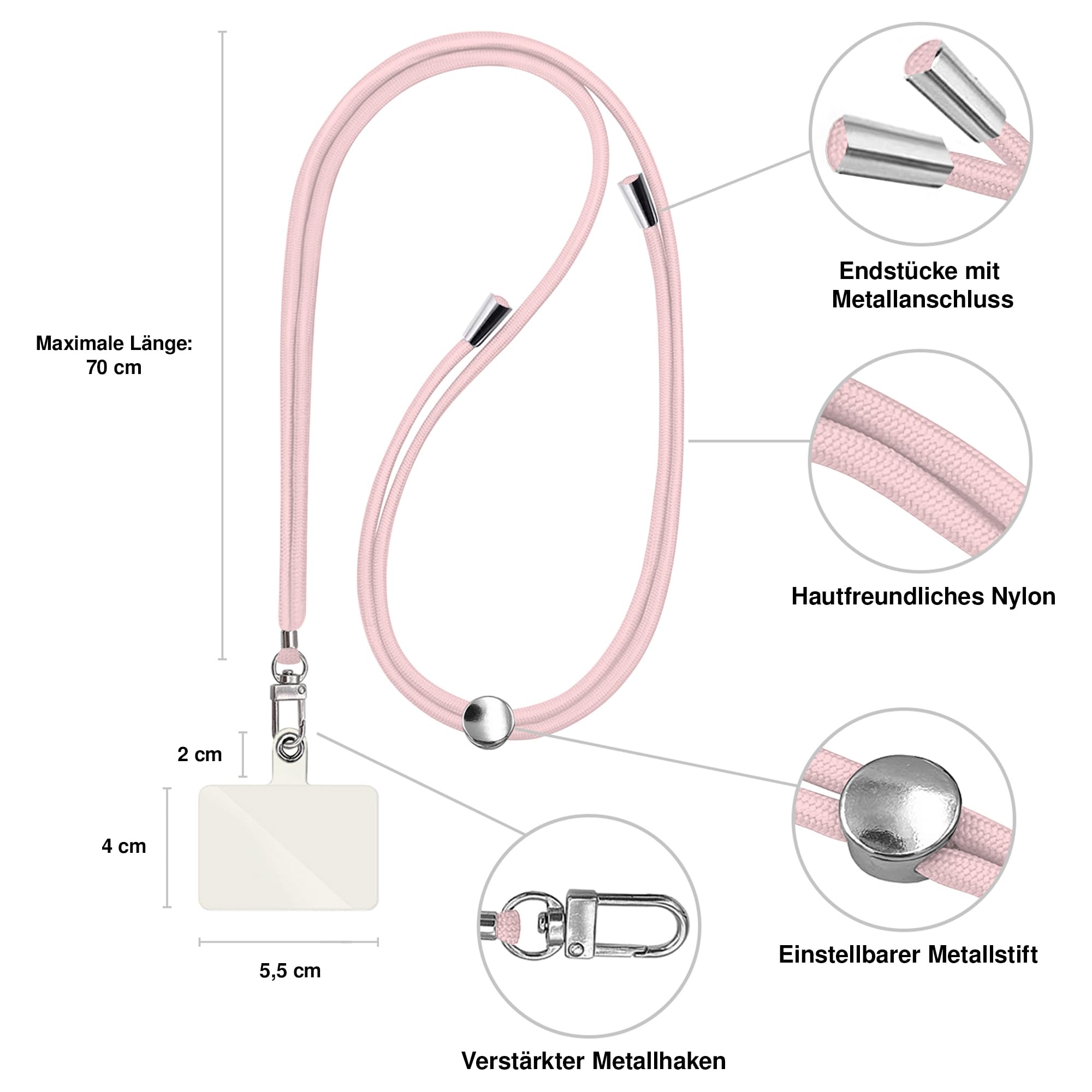 TBOC Handykette Mit Karabiner & Patches - Universelle Nylon-Schnur, 75 Cm, Verstellbar | Für Handy, Schlüssel, Ausweise