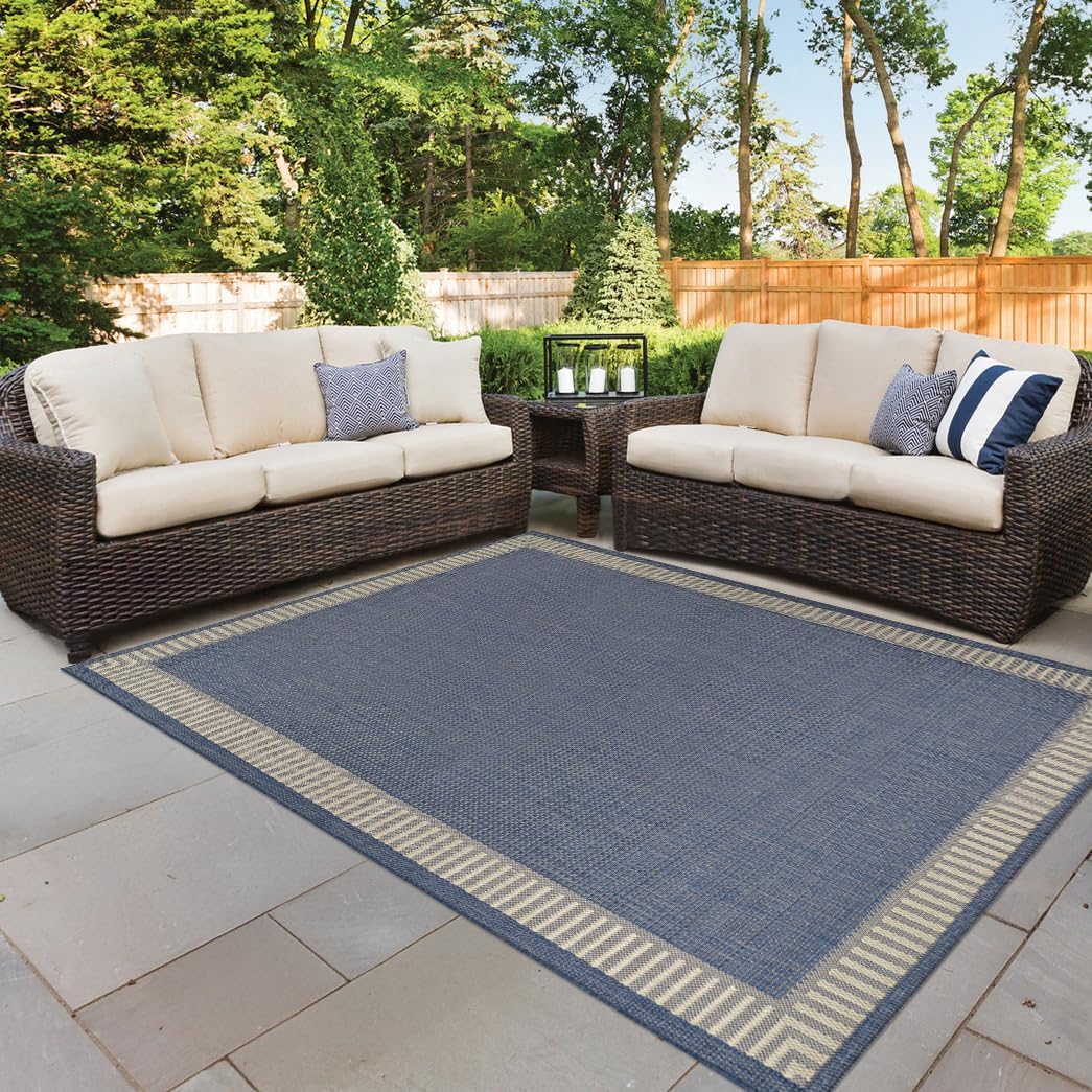 Couristan Recife Indoor Outdoor Rug - Wicker Stitch 6'2" x 9'2" Rectangle in Ivory and Blue, Hose Washable, Low Pile, Pet- Kid Friendly Home Decor for Living Room, Patio Furniture Set, Kitchen