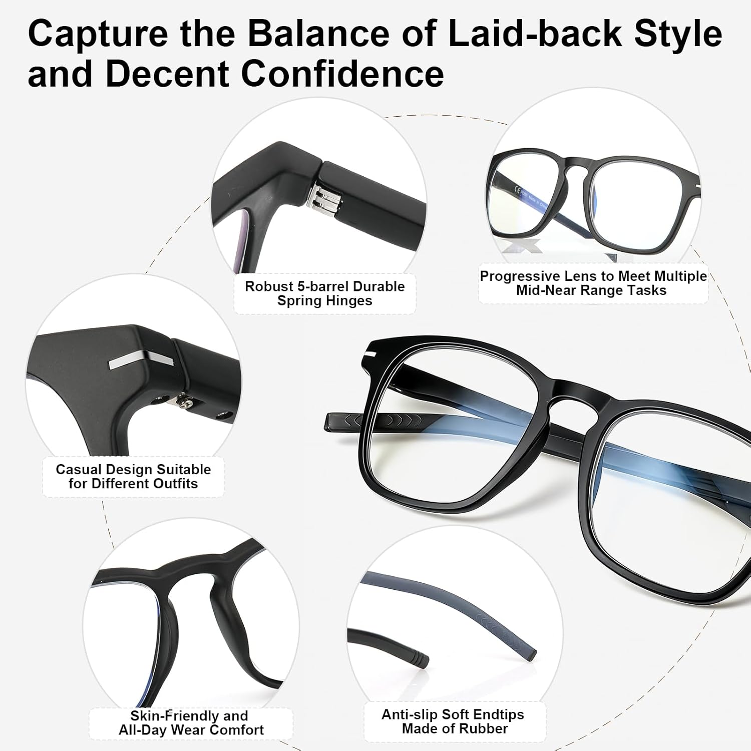 Missfive 2Pack Versatile Progressive Multifocus Reading Glasses Men, Anti-Blue Light Computer Readers, Durable Spring Hinge