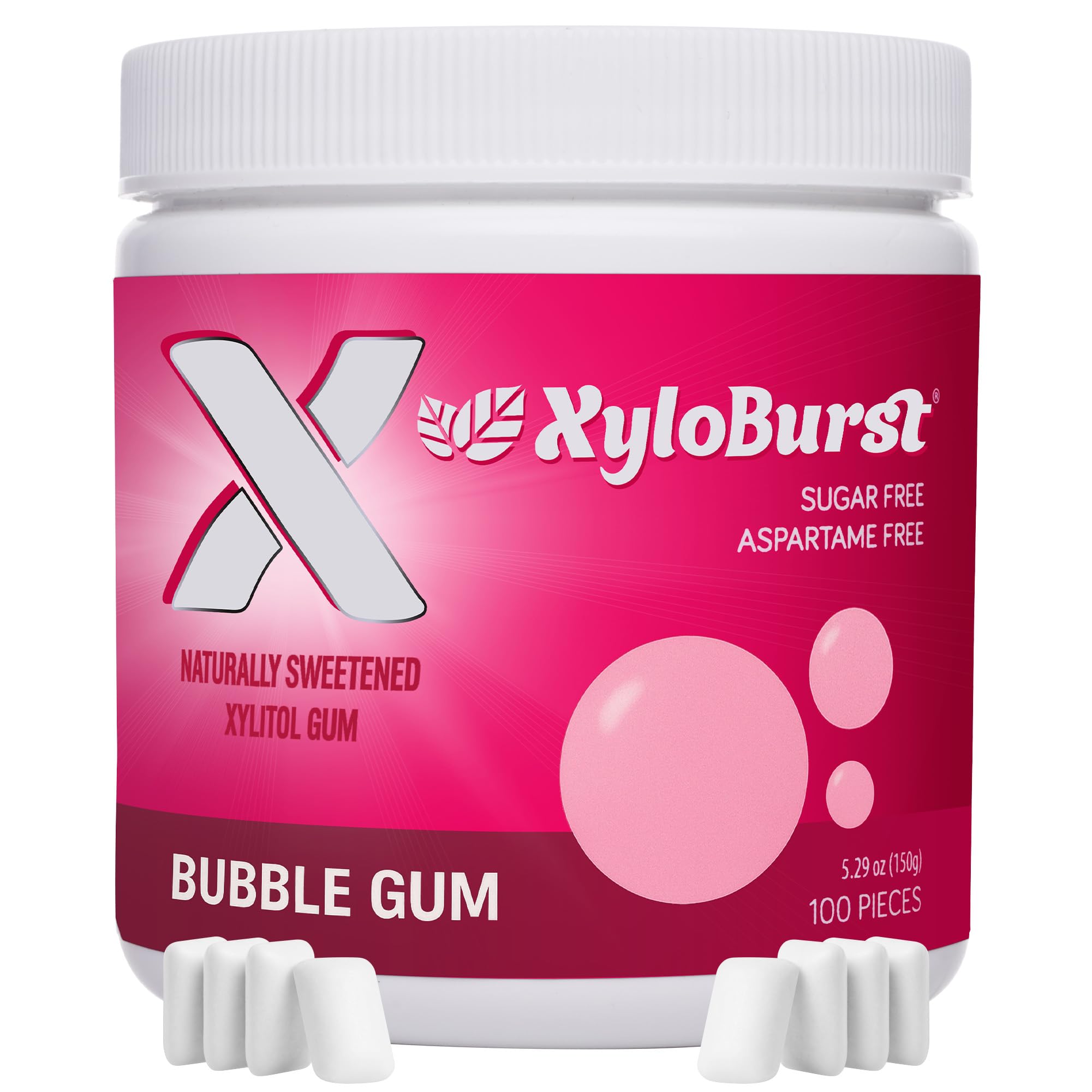 XyloburstGum | Xylitol Chewing Gum | Sugar Free, Gluten Free, Keto Friendly | Aspartame Free Gum For Oral Health | Bubble Gum | 100-Count Jar