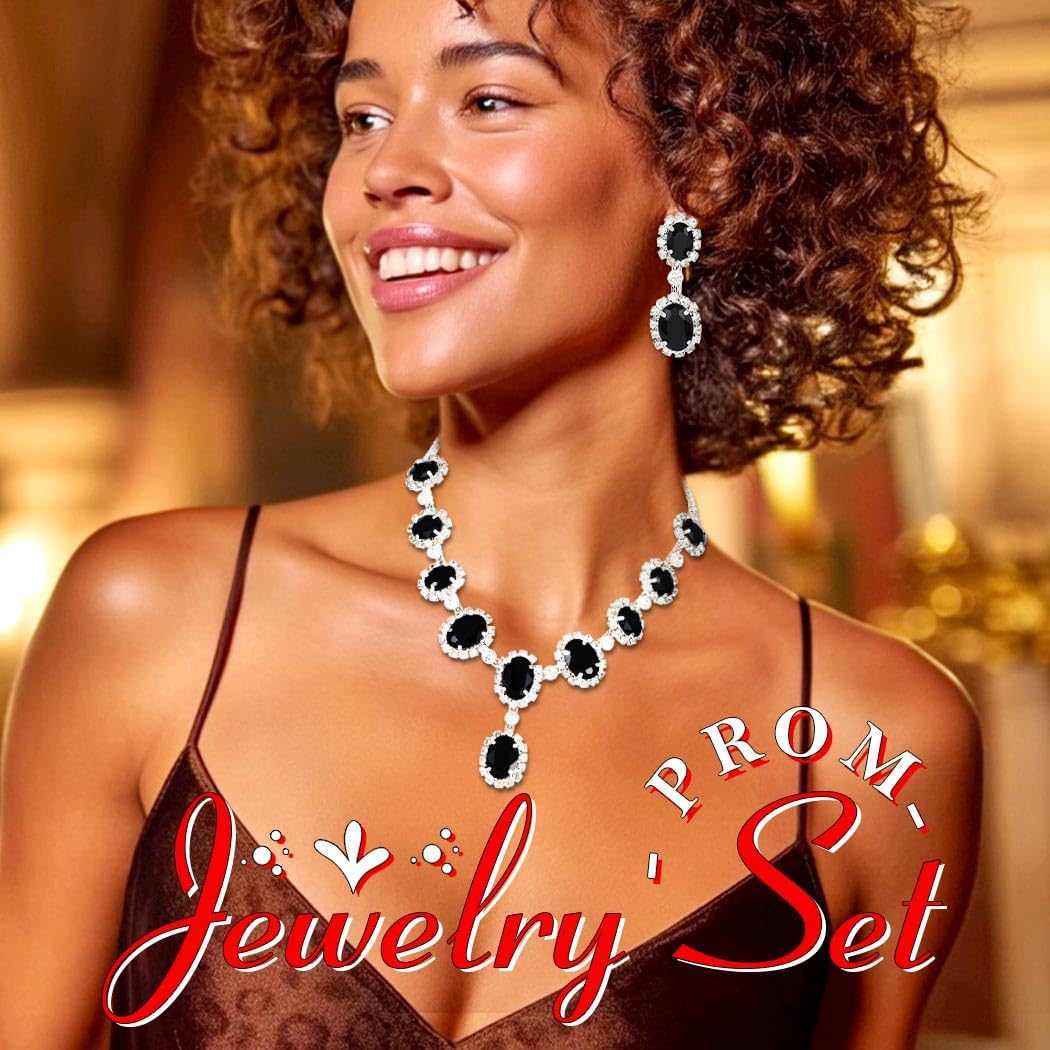 ACEDRE Black Rhinestone Wedding Jewelry Set Crystal Bridal Prom Necklace and Earrings Sets for Women - Image 5