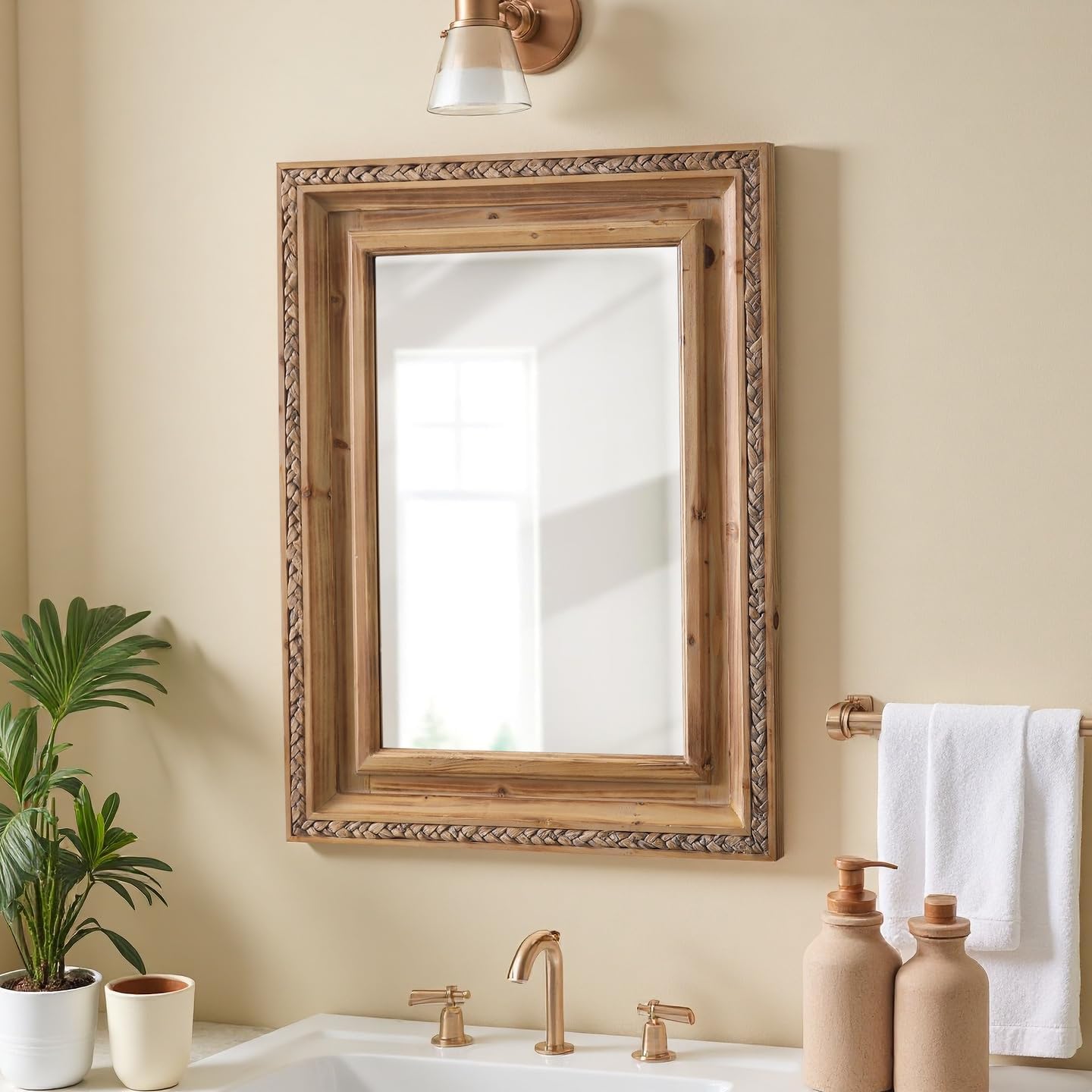 Farmhouse Rectangle Mirrors for Wall 24 X 32 Inch, Boho Wood Frame Bathroom Mirror for Over Sink, Rustic Rattan Wall-Mounted Mirrors for Wall Decor Living Room, Horizontal or Vertical