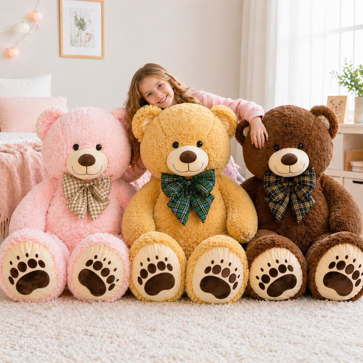 Giant Teddy Bear 4 Feet, Pink Lifesize Jumbo Soft Plush Stuffed Animal with Bow Tie & Big Belly for Kids Girls Boys, Oversized Hugging Bear Birthday Gift for Girlfriend Valentines Christmas