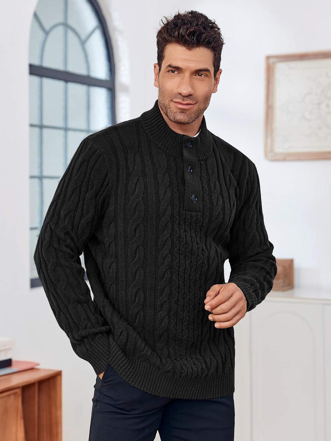 Runcati Mens Cable Knit Pullover Sweater Casual Stand Collar Chunky Buttons Fall Winter Sweaters - Image 2