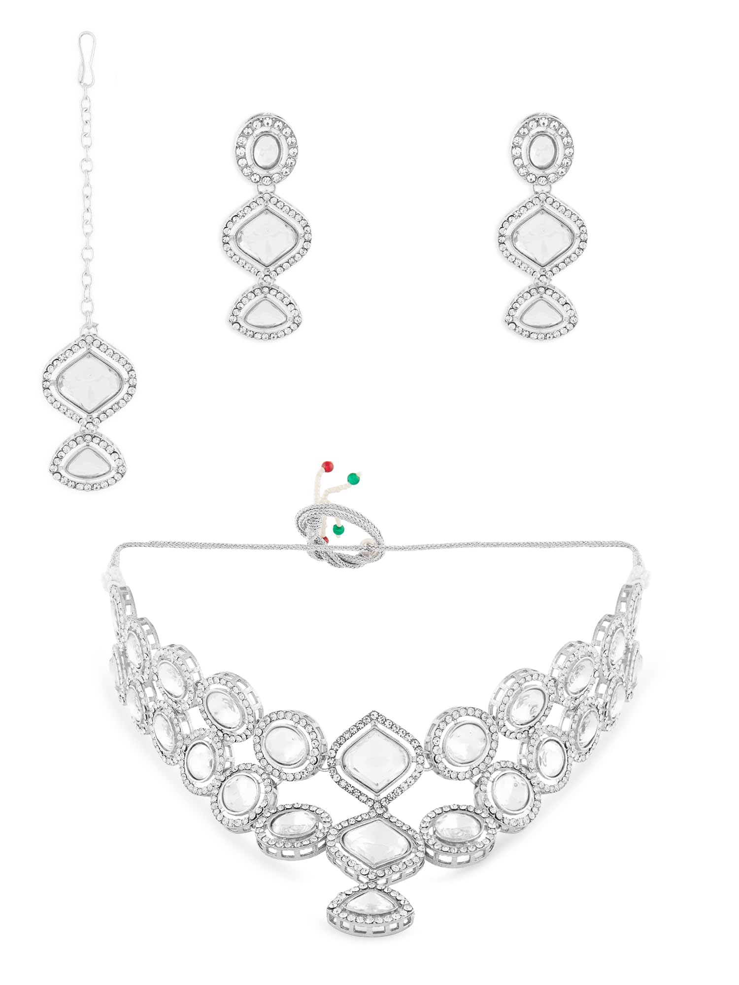 ZAVERI PEARLS Silver Tone Dazzling Stones Embellished Choker Necklace Earring & Maangtikka Set For Women-ZPFK17570 (B0CWNXRW9V) Amazon Price History, Amazon Price Tracker