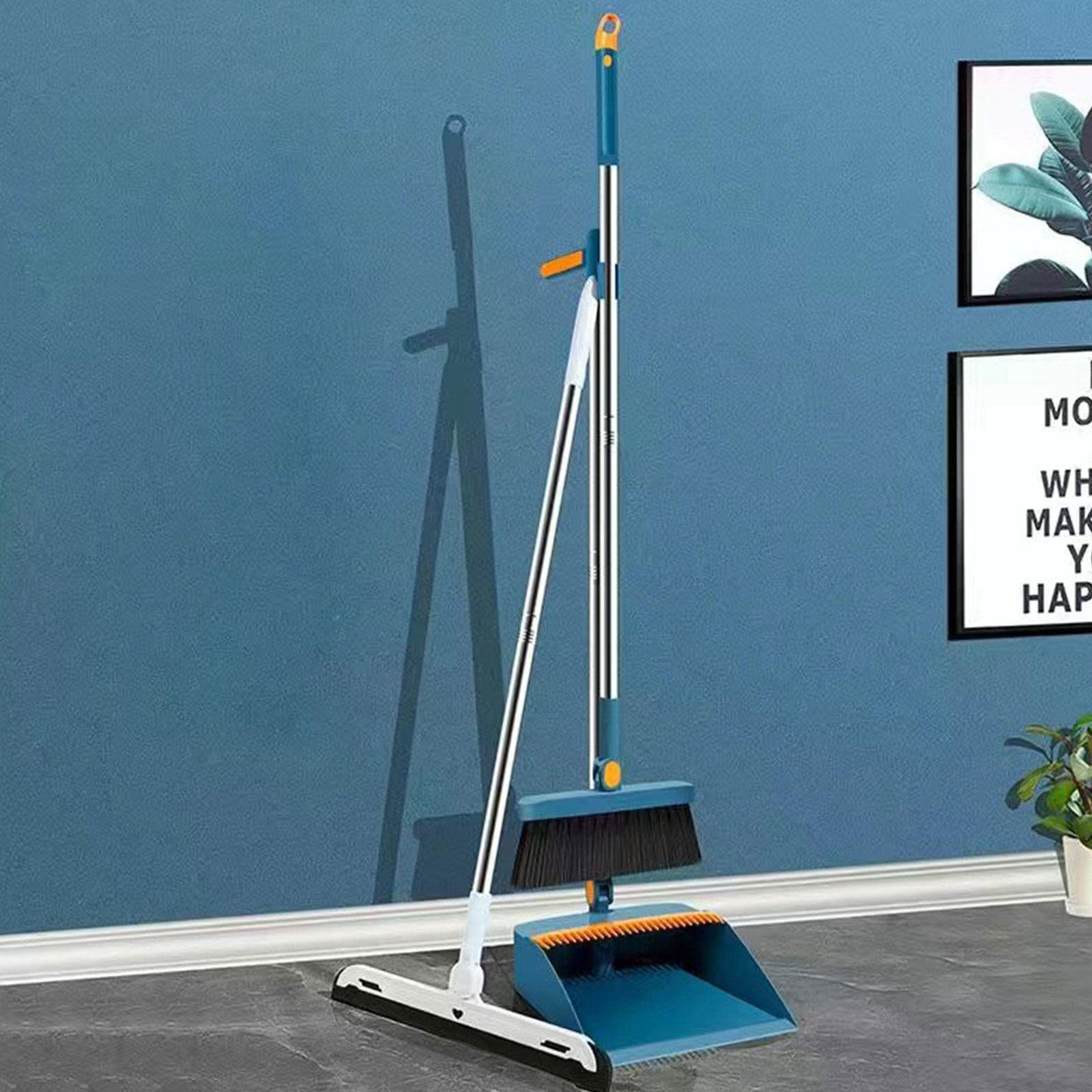 Kehrschaufel und Besen mit langem Griff, Haushalts-Kehrschaufel mit Kammzähnen für drinnen und draußen, Garten, Wohnzimmer, Küche, Büro, Lobby, kostenloser Wischer,Blue