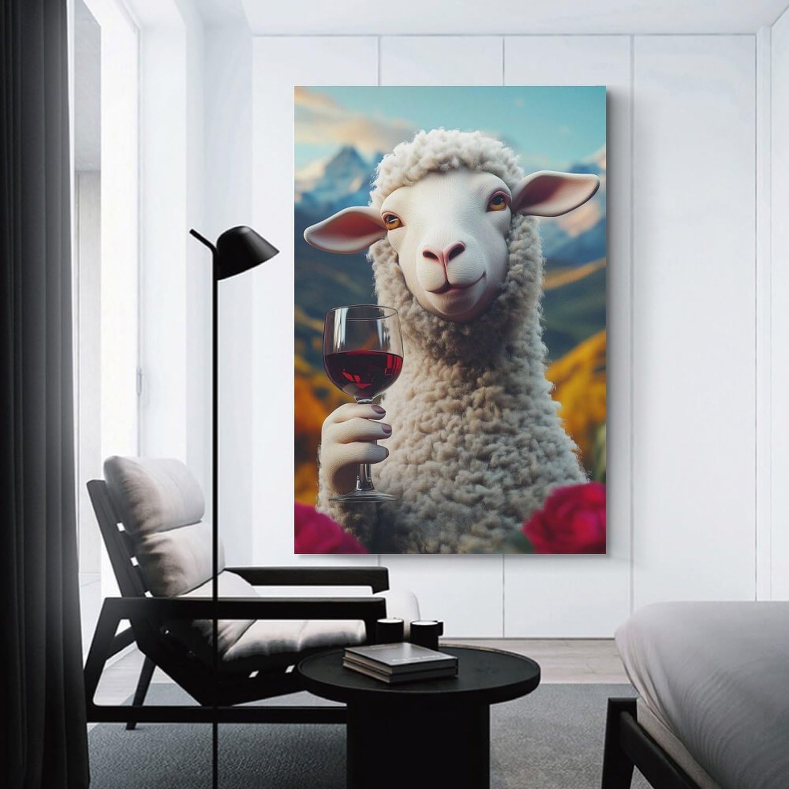 Junmoney Unframe-Style-8 Wall Picture Print Sheep With Wine Funny Meme, 24X36inch(60X90cm), For Entrance Walls, Hall Decor Or Foyers, A Neat Decor Update For Hallways