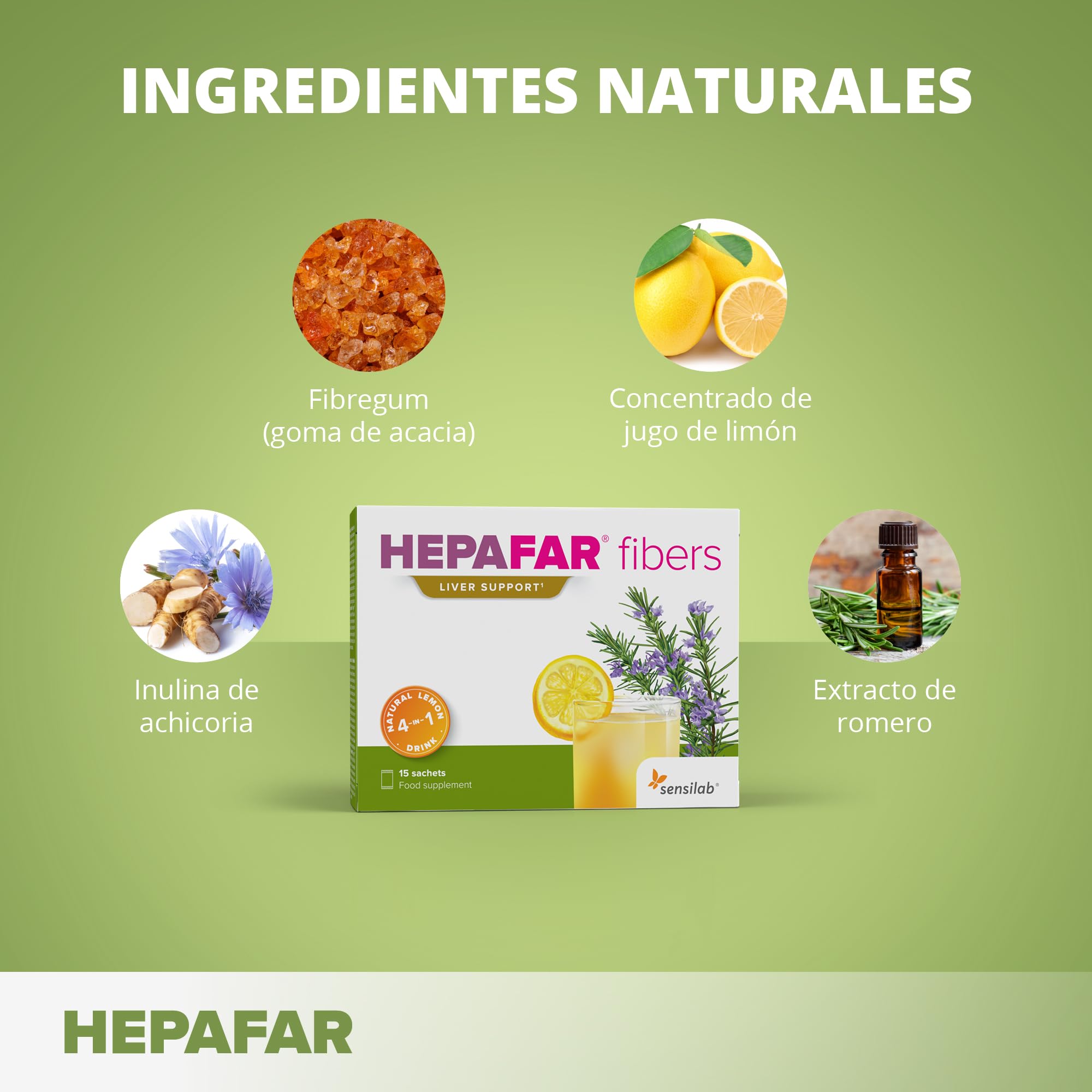 Sensilab Hepafar Fibers - Detox y Digestión - Zumo de Limón, Fibra Soluble, Achicoria, Romero - Bebida Refrescante Natural Alta en Fibra - Complejo Hepático - 30 Sobres para 30 Días