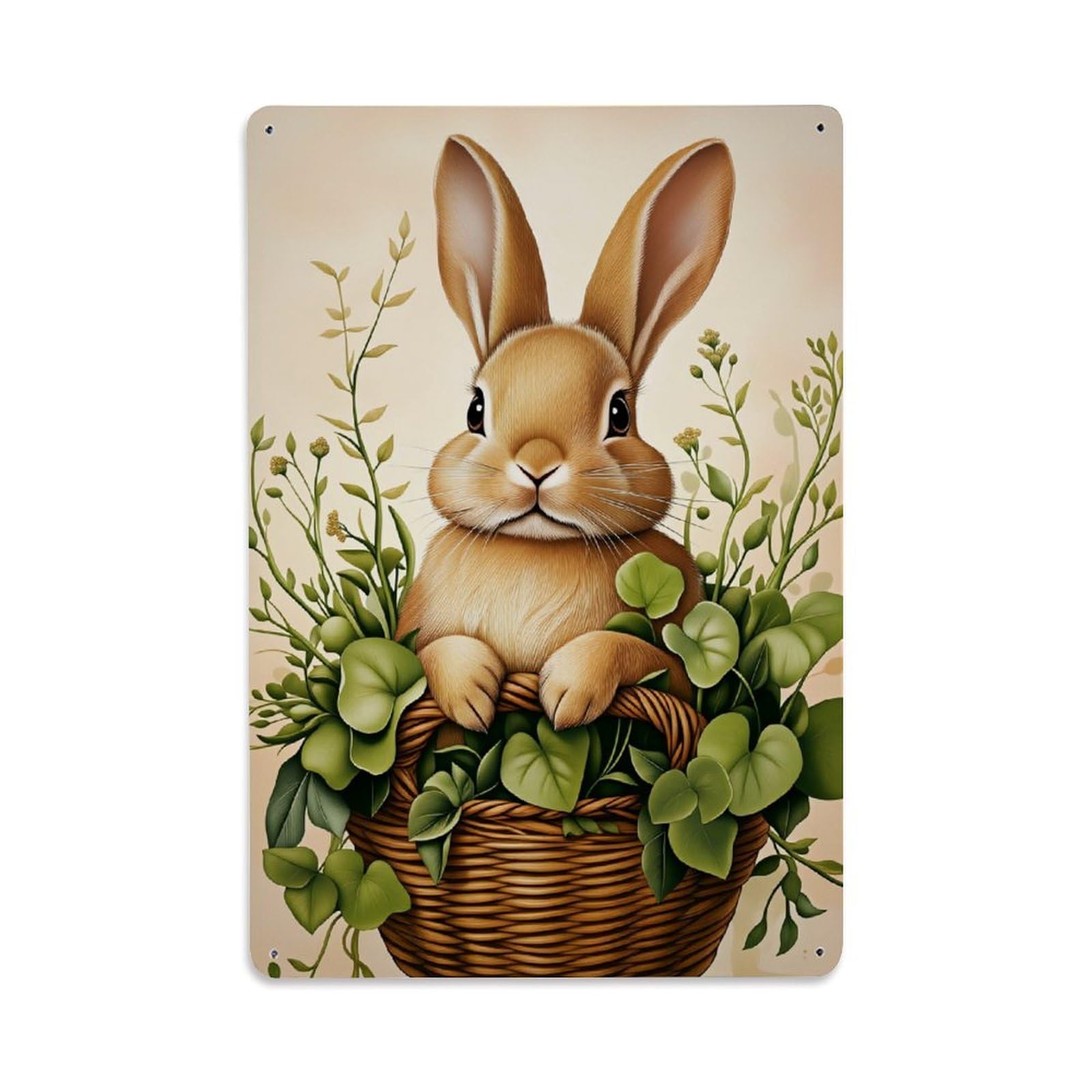 Cute Bunny In Basket With Leaves Tin Sign Vintage Metal Poster, Home Bar Garage Man Cave Cafe Indoor & Outdoor Wall Decoration 8x12Inches