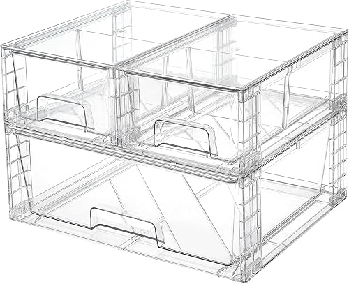 3 Pack Stackable Storage Drawers, Easily Assemble Acrylic Bathroom Undersink Organizers,Clear Plastic Storage Bins for Closet,Cabinet,Pantry,Medicine Organization