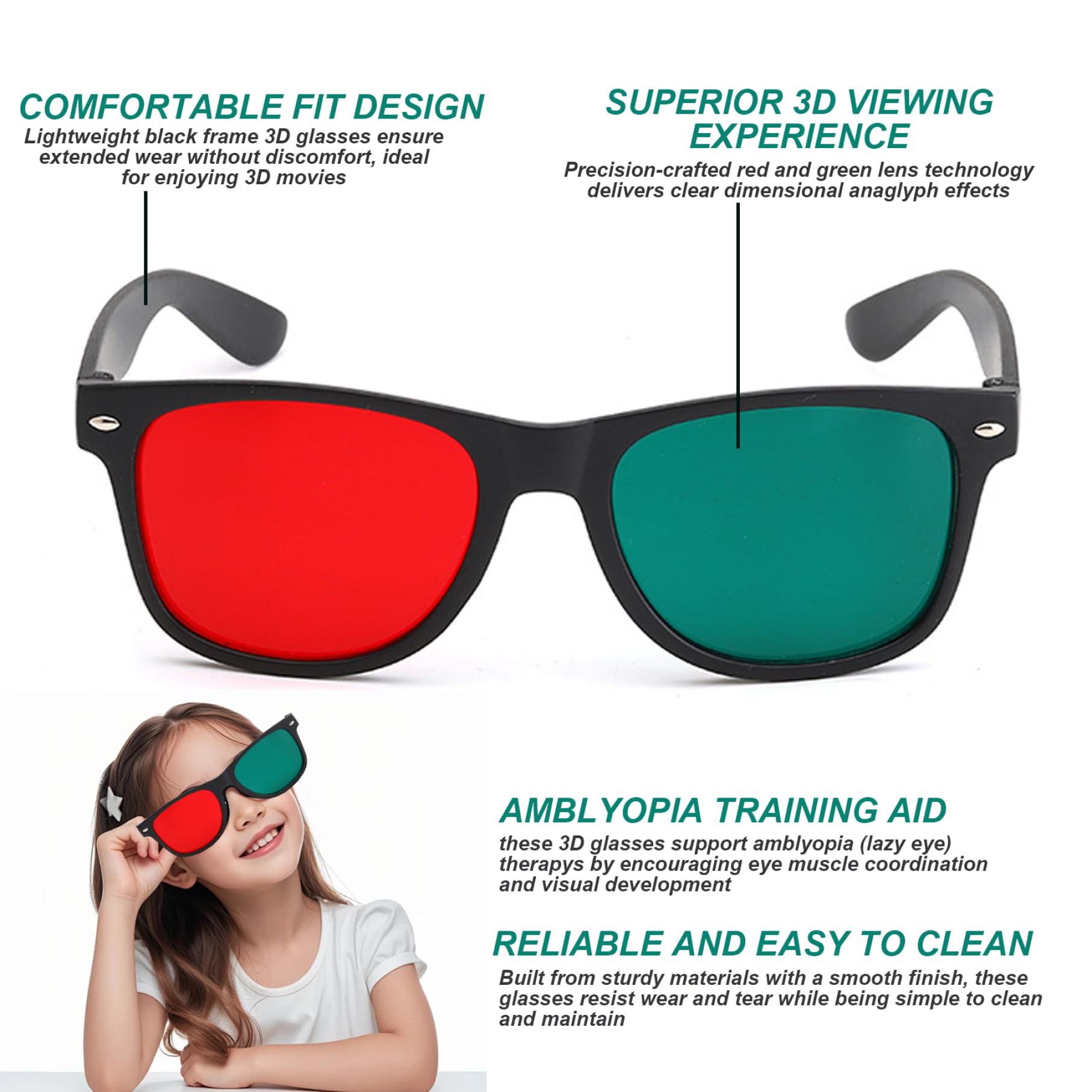 Occhiali 3D da 4 pezzi, occhiali 3D con montatura nera, rosso verde, per giochi TV, film in DVD, anaglifi dimensionali e da allenamento per l'ambliopia