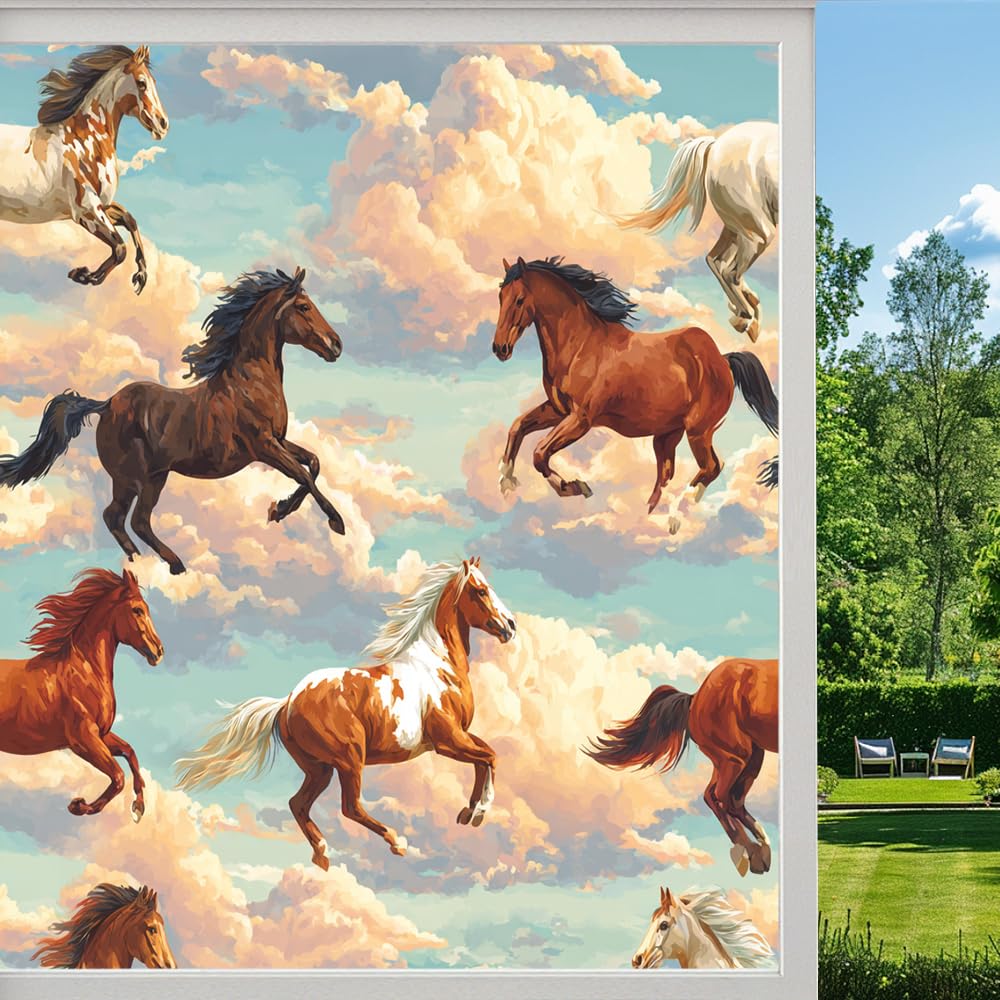 Wild Horses Stained Glass Window Film, Dreamy Clouds Fantasy Animal Peel and Stick Privacy Film, Frosted Adhesive Vinyl Decorative for Bathroom Windows Glass Doors, （90x140cm）