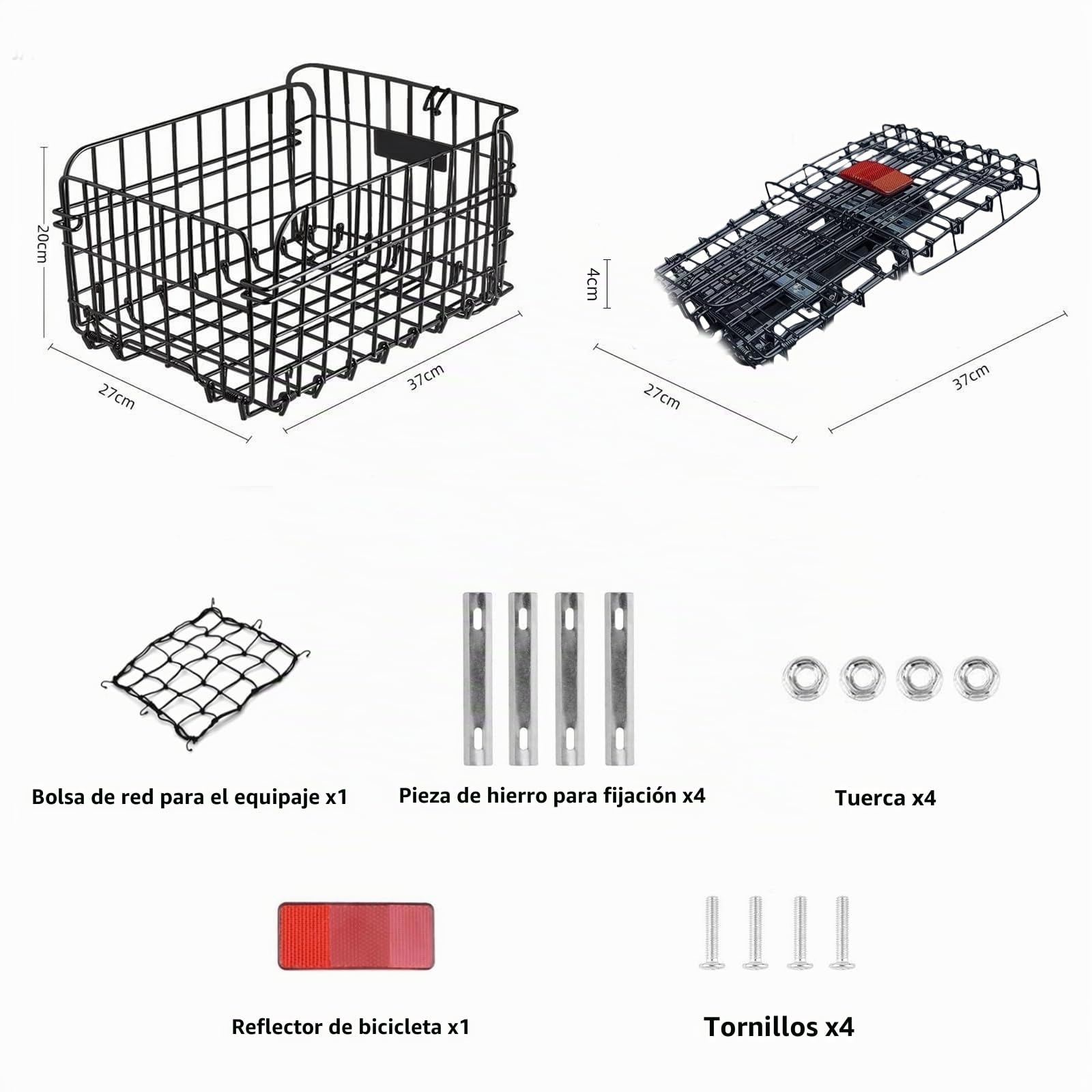 W&H Cesta trasera plegable para bicicleta, cesta de metal grande, plegable, cesta para bicicleta, portaequipajes trasero con accesorios de montaje, red para equipaje y reflector, cesta para bicicleta