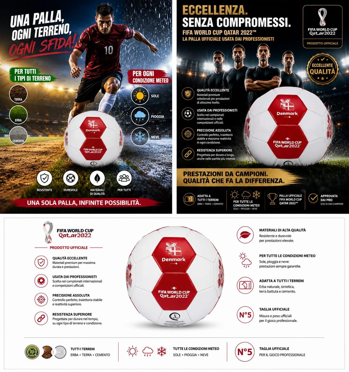 FIFA world cup Qatar 2022 Oficjalna piłka nożna, Denmark, biało-czerwony, rozmiar 5, uniseks, zalecany do wszystkich warunków: ziemia lub trawa, słońce, deszcz, śnieg
