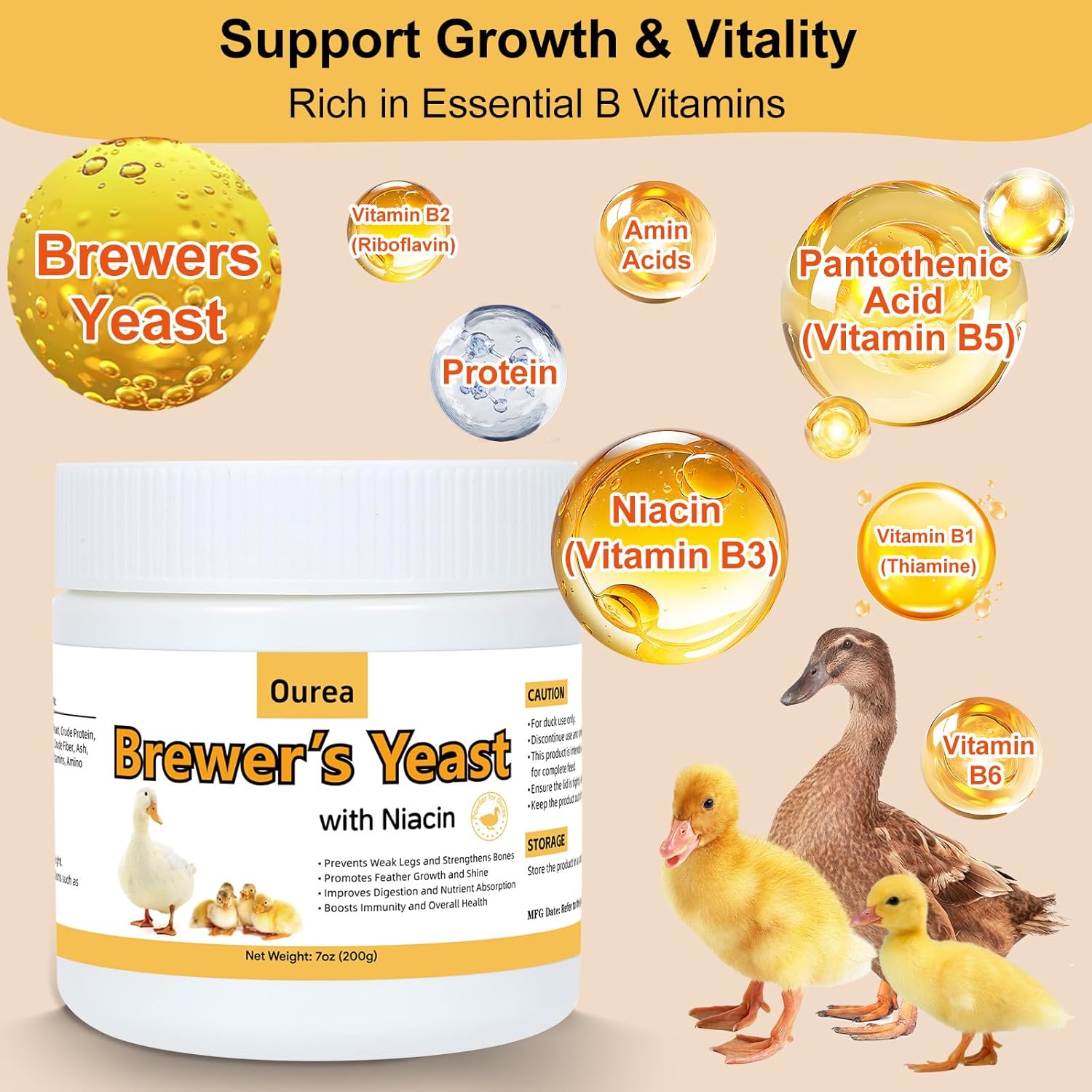 Brewer’s Yeast for Ducks with Niacin, Duck Vitamin B Complex Supplement to Supports Immunity Molt Recovery Severe Stress, Growth & Digestion, Niacin-Rich Powder for Healthy Legs Bones 7oz