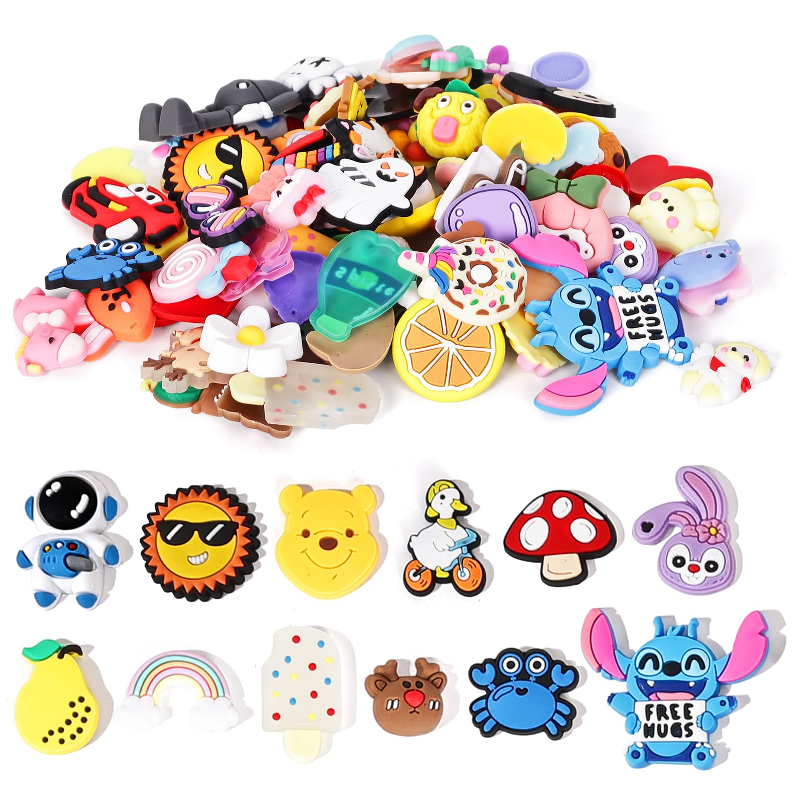 100 50 PCS PVC Charms for Cup, Slime, Shoe, Phone Cases, Pencil - Cute Cartoon Jewelry Making Charms, Reusable Adhesive DIY Art Crafts for Kids Teens