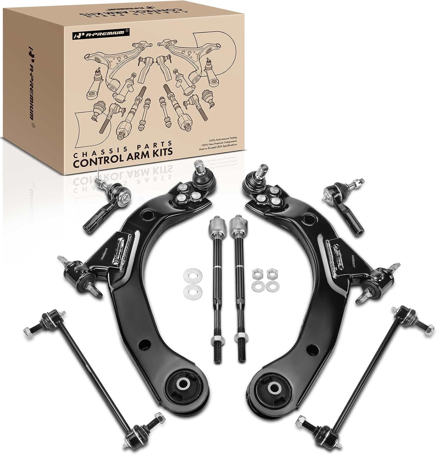 A-Premium Set of 8, Front Lower Control Arm, Sway Bar Link, Inner Outer Tie Rod End, Compatible with Chevrolet HHR 08-10, Cobalt 05-10, Saturn Ion 03-07, Pontiac Pursuit 05-06, G5 07-10