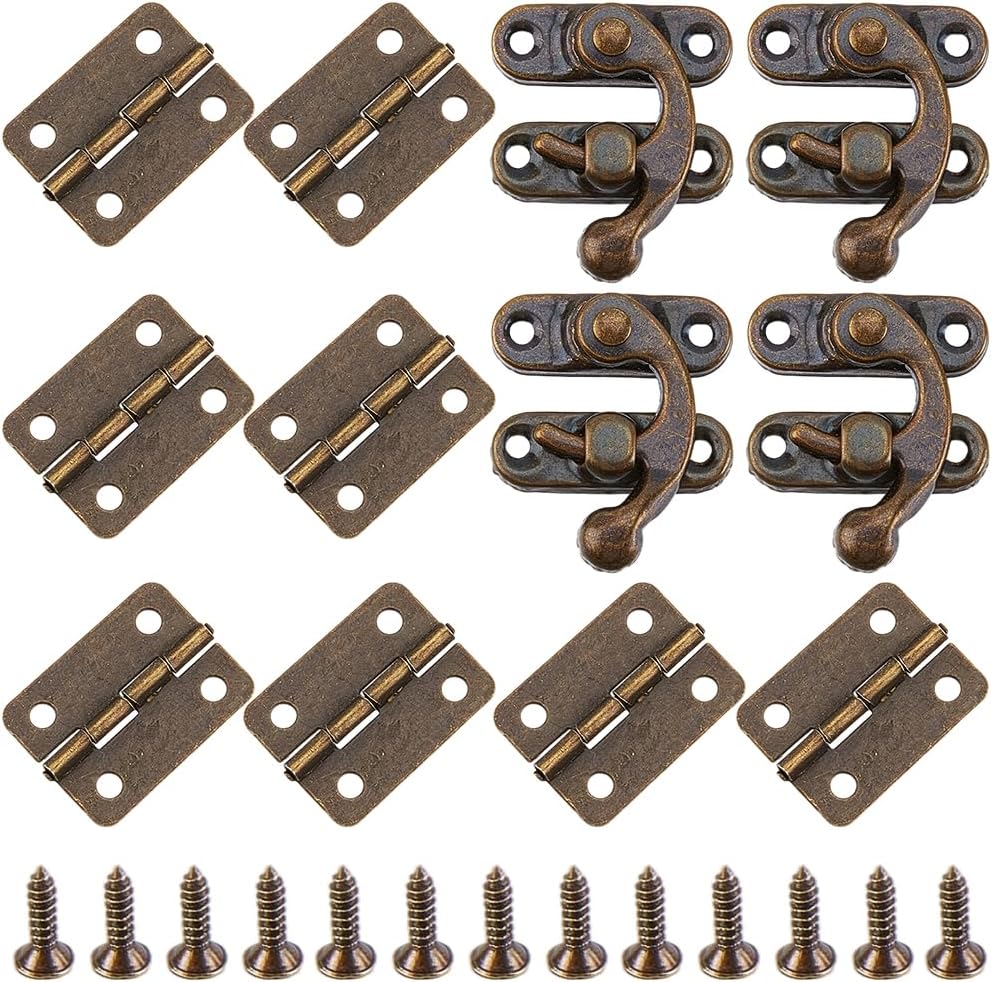 4 Sets Small Box Hinges Antique Bronze Right Latch Hook Hasp Mini Swing Arm Lock Latch Catch Clasp Replacement with Hinges and Screws for Wooden Wine Jewelry Box Gift Chest Suitcase