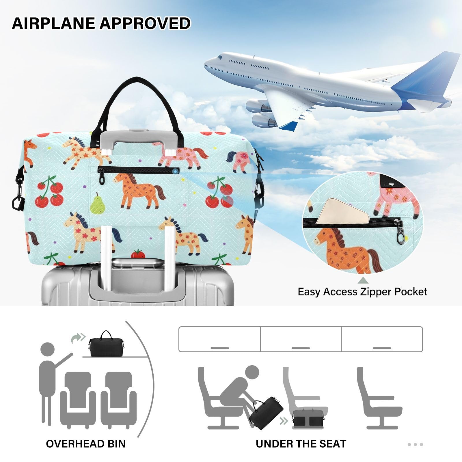 Reisetaschen-Set, gesteppt, Trolleyhülle, praktische tägliche Aufbewahrung, 2-teilig, Pferdekirsche, One Size, Klassisch
