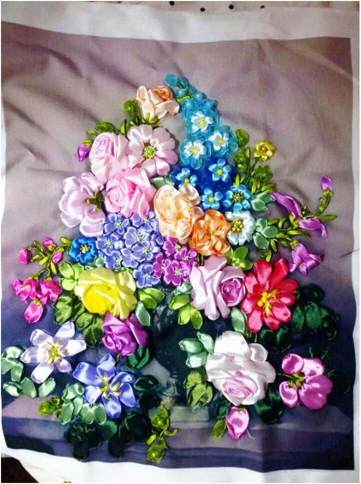 EgoshopSilk Ribbon Embroidery Kit Europe Flowers in Vase DIY Wall Decor with English Instruction, Silk Embroidery Fabric, Size 19.7WX23.6L, Blue by Egoshop