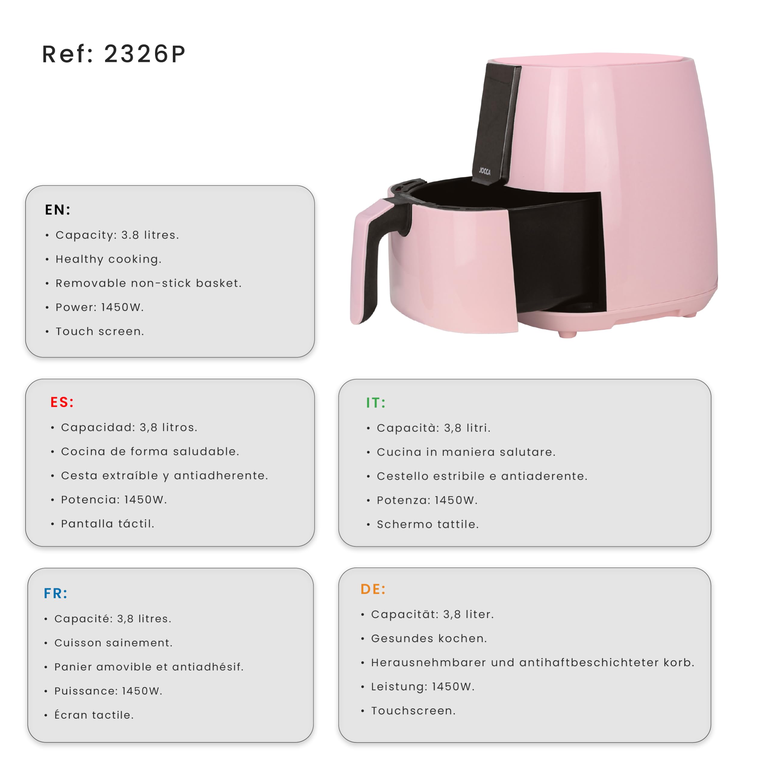 Jocca, Friggitrice ad Aria, Sweet Line, Display LED con 8 Programmi, Temperatura Regolabile, Potenza di 1450W, Risparmio Energetico, Rosa, 3,8L