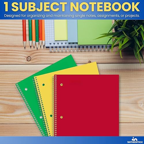 Miniatura 7 de 1InTheOffice Cuaderno de espiral de rayas anchas, 1 materia, 8 x 10.5 pulgadas, 3 agujeros perforados, 70 hojas, colores surtidos, cuadernos