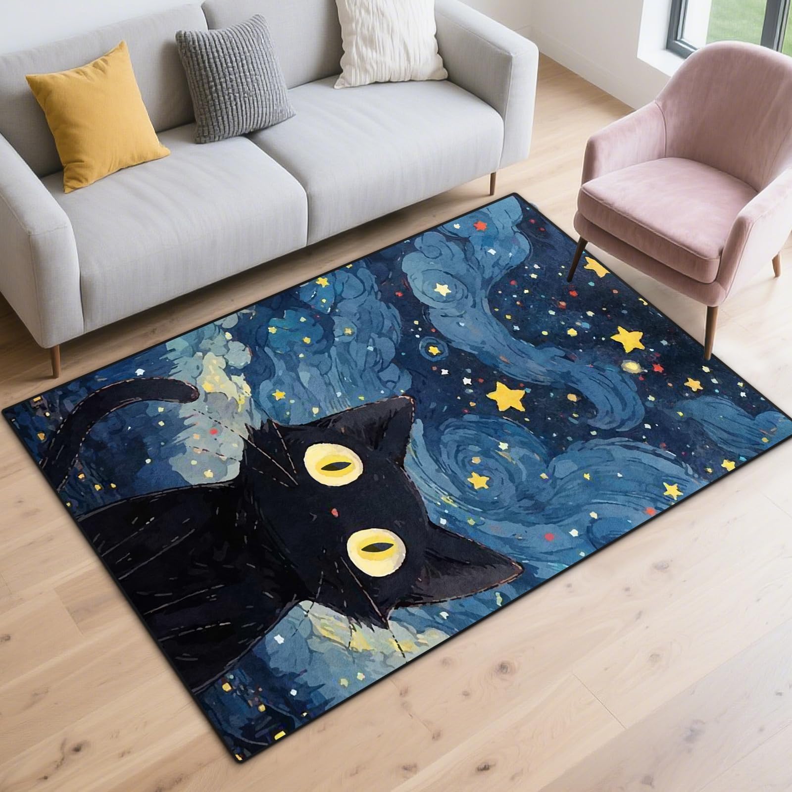 Bycmuoz Starry Night Cat Area Rug for Bedroom, 180x260cm, Cute Black Cat Animal Print Indoor Carpet, Soft Foldable No Crease Non Skid Rug, Pet Friendly Absorbent Breathable Mat for Living Room — image 1
