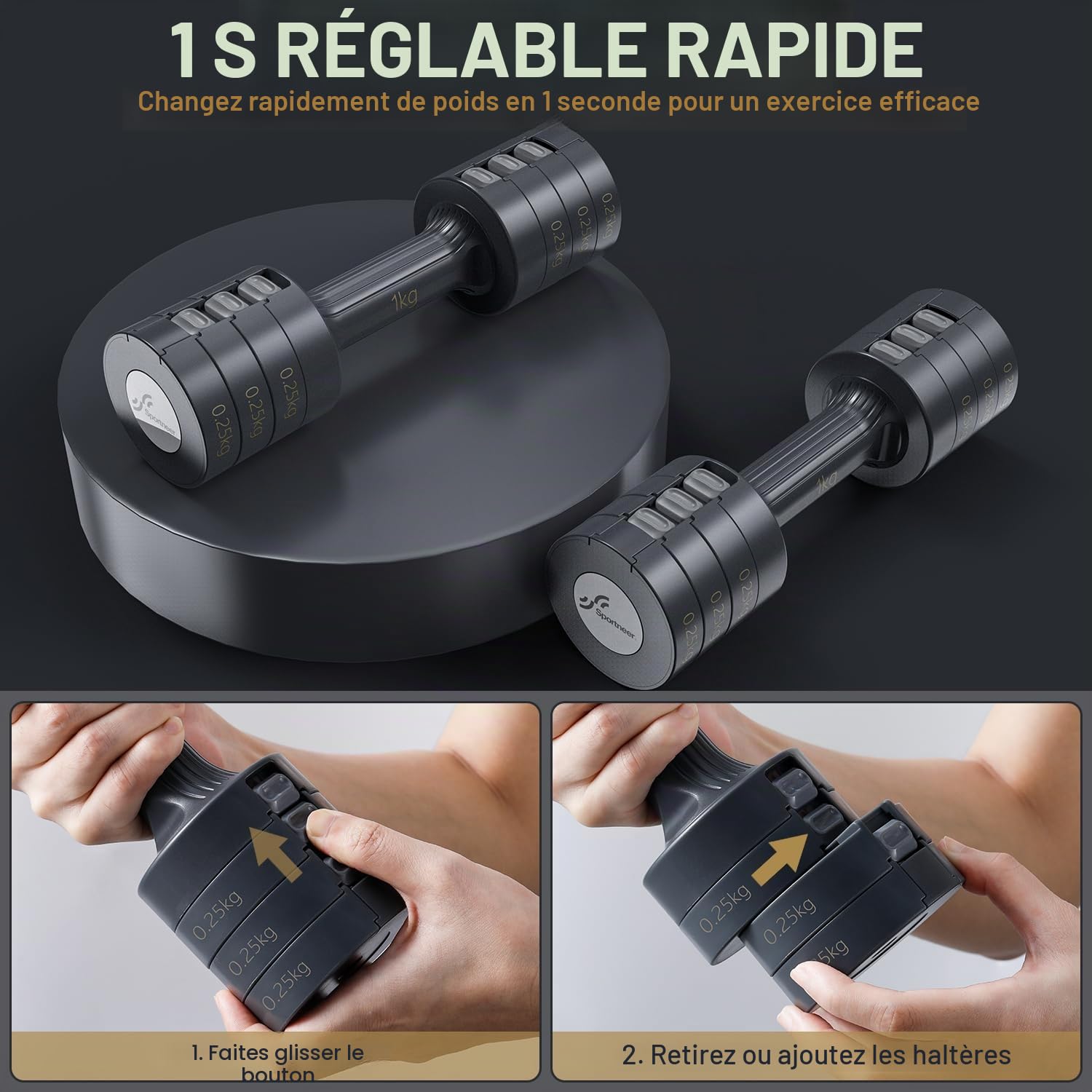 Sportneer Lot de 2 haltères, réglables, pour femme, de 1 à 2,5 kg chacune, 4 en 1, pour la gym, le fitness, la musculation, cadeau | Lot de 2 haltères réglables pour salle de sport à domicile, fitness, musculation, cadeau