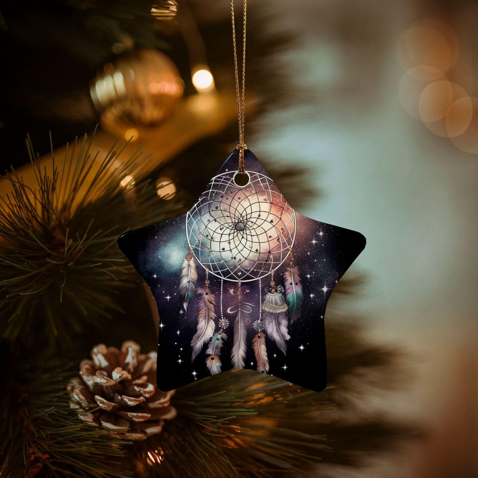 Christmas Tree Ornaments Ceramics Christmas Decorations Dream Catcher and Stars Ornaments with Gold Ribbon Porcelain Xmas Tree Crafts Star Shape Hanging Pendant for Christmas Tree Party Decor