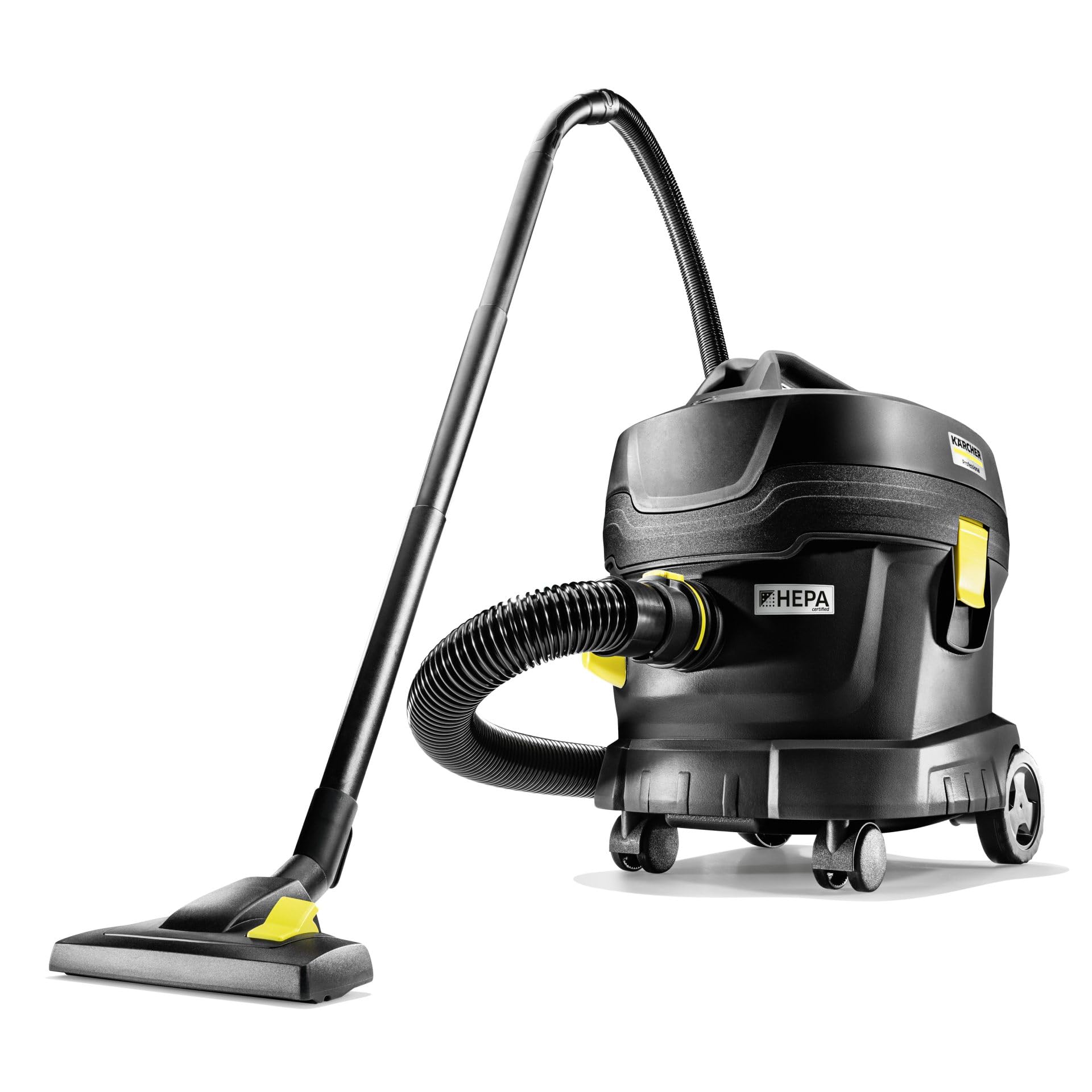 KÄRCHER aspirapolvere T 11/1 Classic HEPA Re!Plast, contenitore (materiale riciclato): 11 l, potenza: 850 W, rumorosità: 61 dB(A), peso: 4,2 kg, cavo: 7,5 m, cestello filtro permanente, filtro HEPA-14