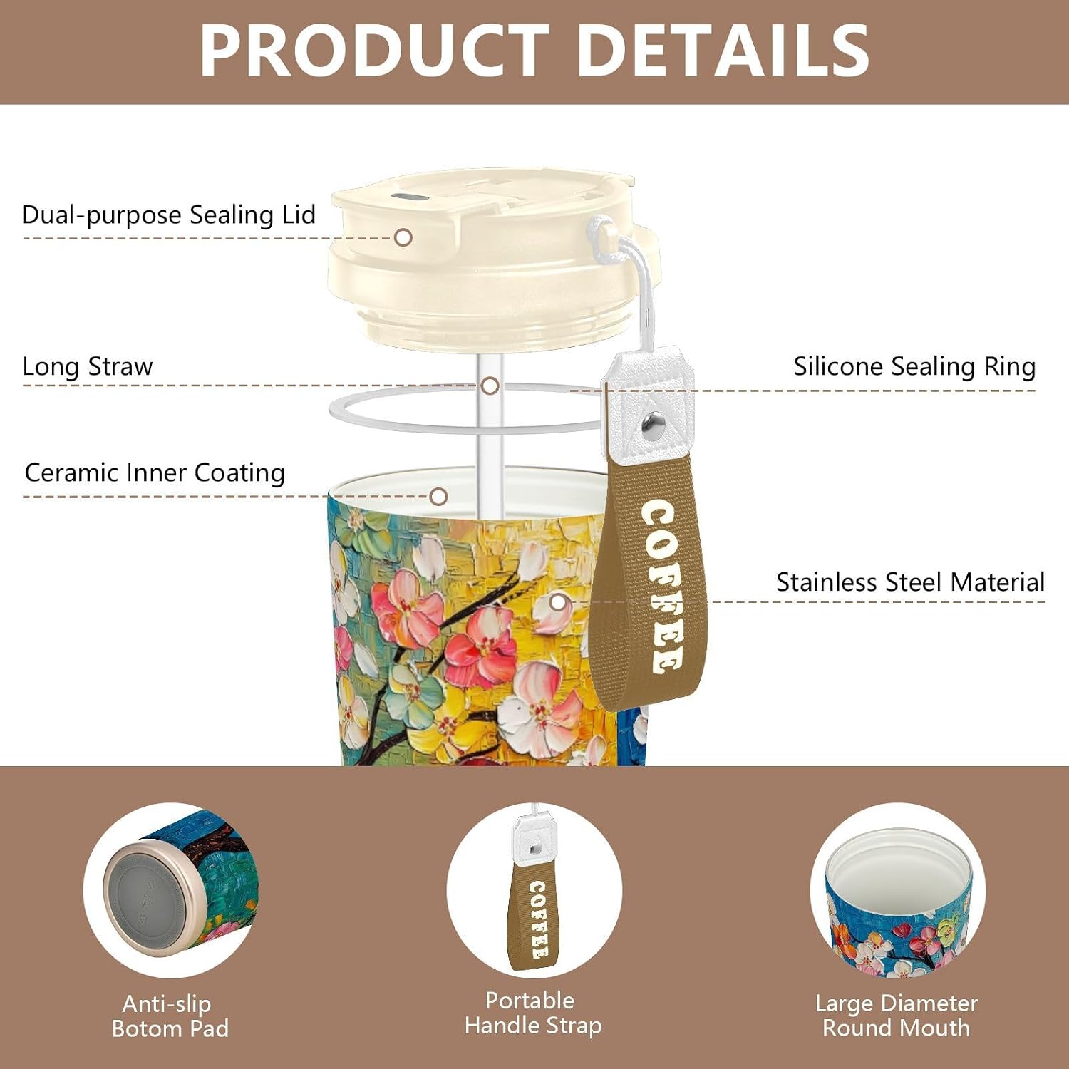 Colorful Flowers Tree Art Insulated Coffee Mug with Straw & Flip Lid, 16.9oz Iced Tumbler Cup, Double Wall Vacuum Leak-Proof Mug for Travel Office