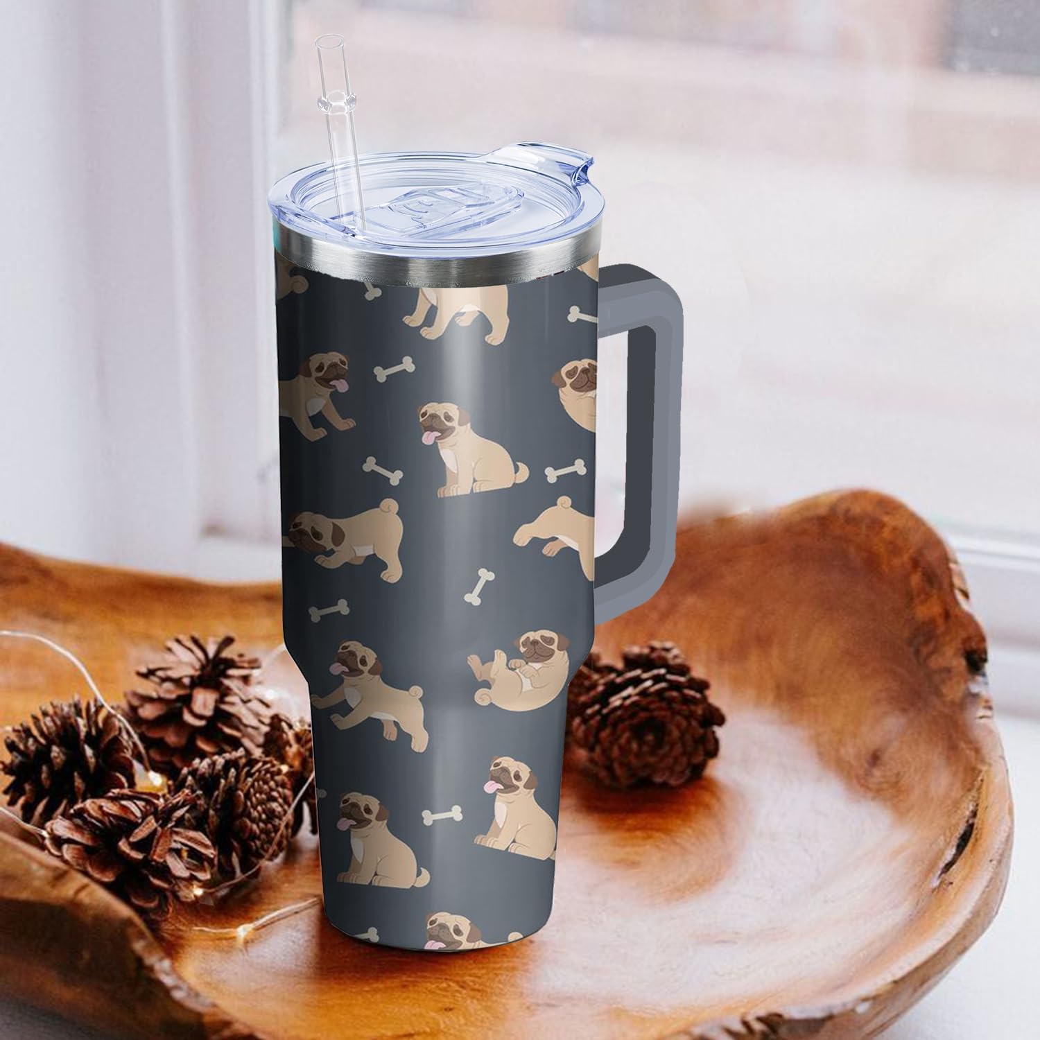 Pug Coffee Tumbler with Handle and Straw, 40 oz Dog Stainless Steel Insulated Cup with Lid and Straw,Travel Coffee Mug Water Bottle, Birthday Christmas Mothers Day Gifts for Animal Lovers Women - Image 5