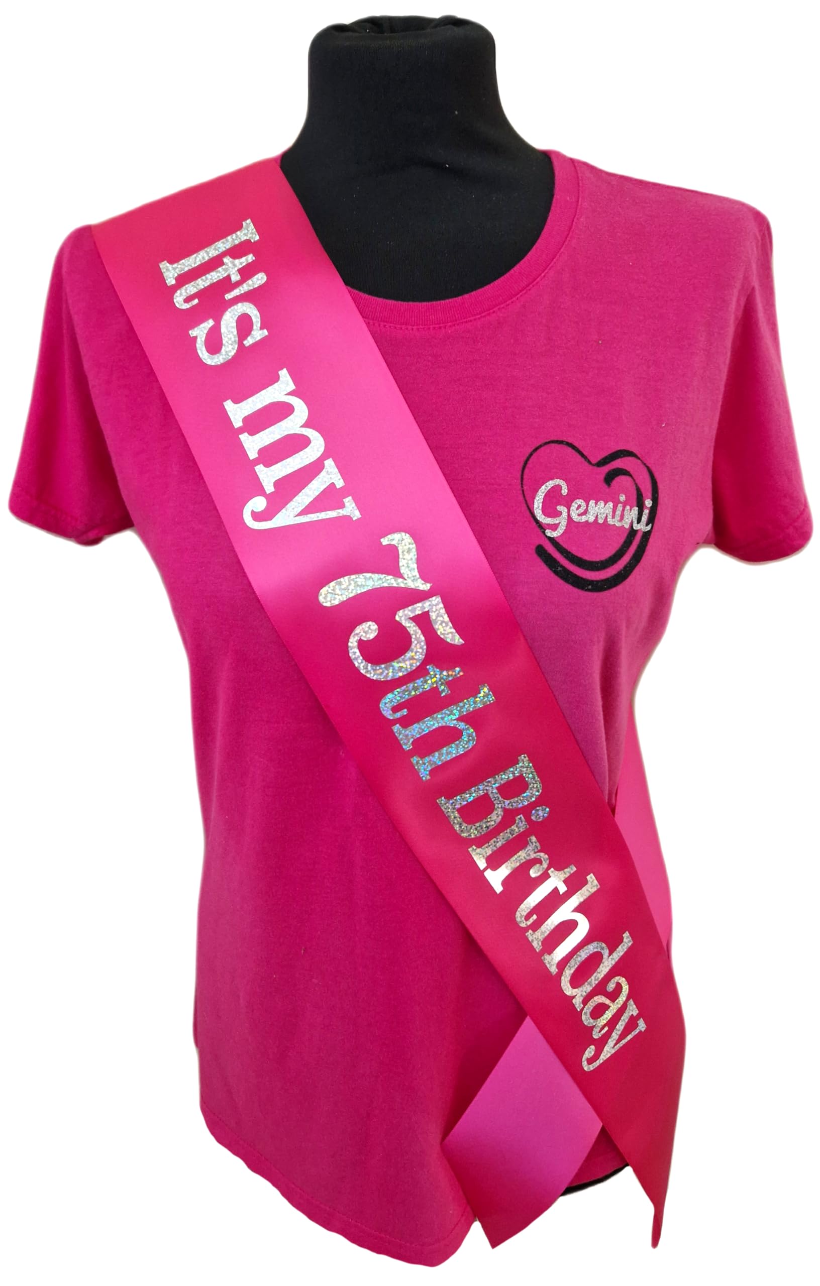 75th Birthday Sash - Its my 75th Birthday Sash - Beautiful Quality Fuchsia Pink Ribbon and Holographic Silver Font - 75th Birthday Sash