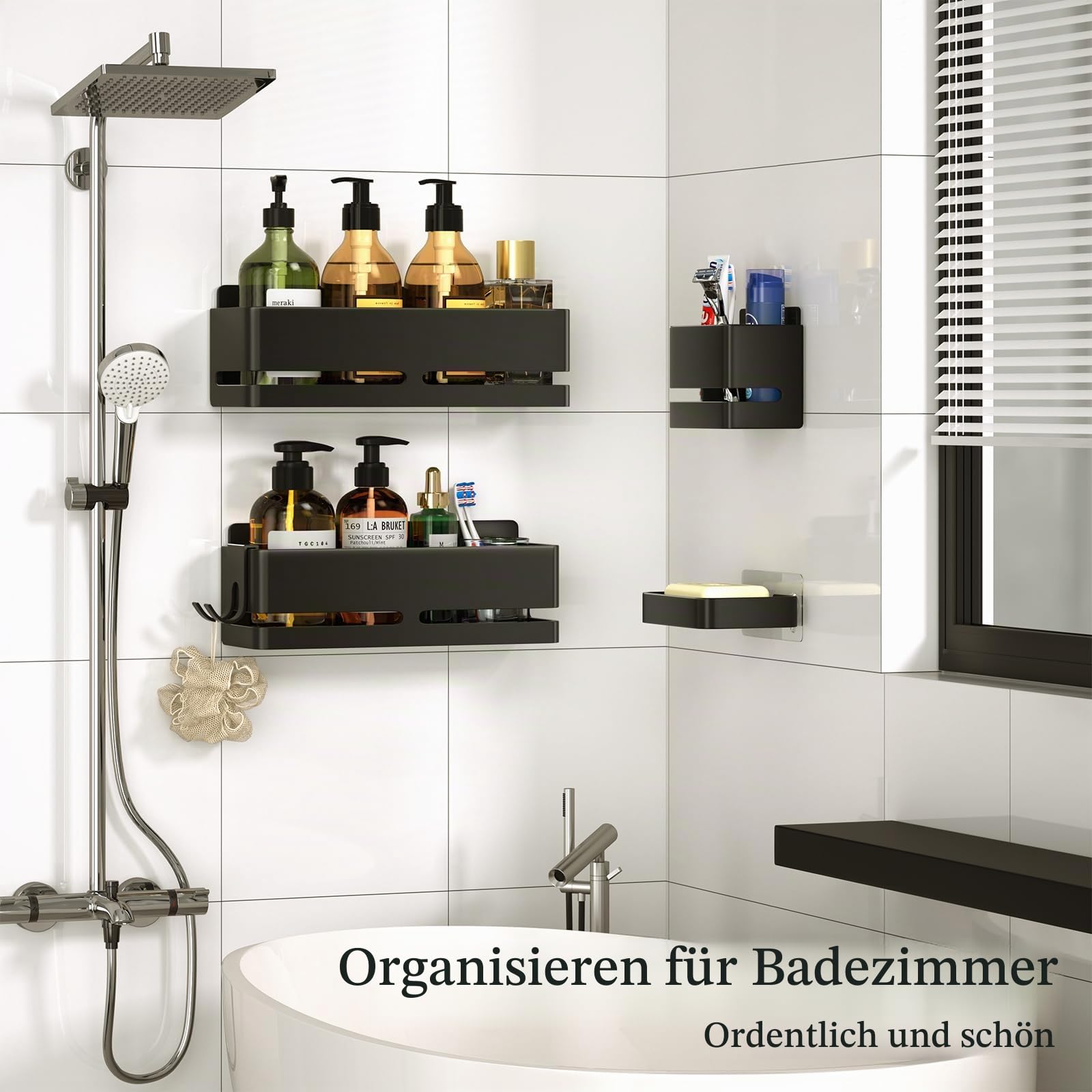 Badezimmer Aufbewahrungsregal 5er-Set, Grau duschkorb，ohne Bohren | Zwei Badezimmerregale, ein Zahnbürstenhalter und eine Seifenschale; multifunktionale Aufbewahrung; wasserfest und rostfrei.