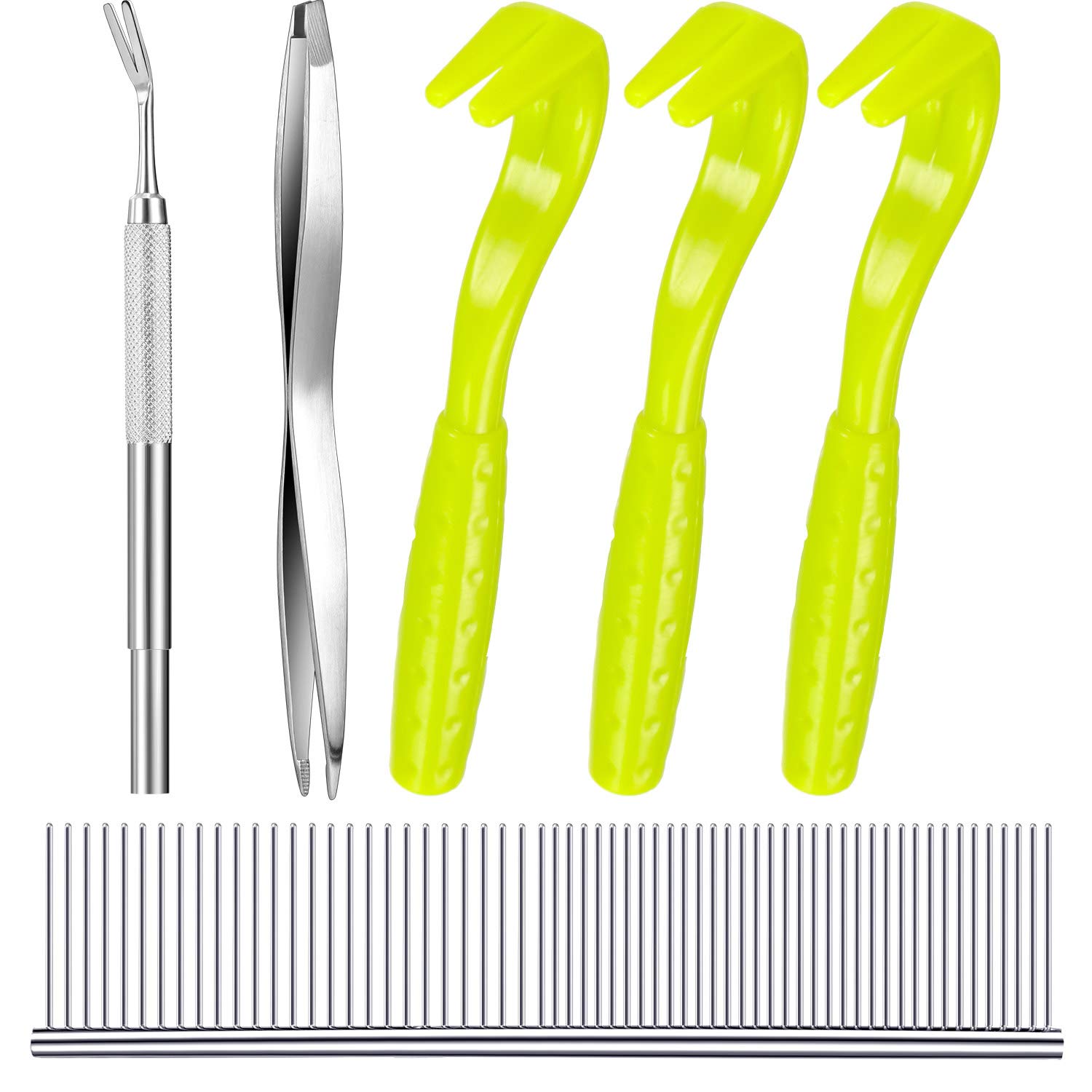 Boao 7 Pcs Tick Removal Tool Kit, Include 3 Plastic Removers, 3 Stainless Steel Tweezers with Comb for Dog and Cats(Fluorescent Green)