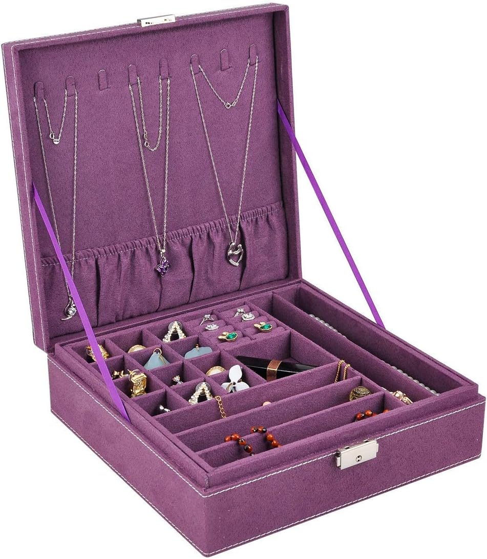 Jewelry Box for Women, Suede Jewelry Box 2 Layer 36 Compartments Necklace Jewelry Organizer with Lock Large Jewelry Holder for Earrings Bracelets Rings Display Gifts for Girls, Purple