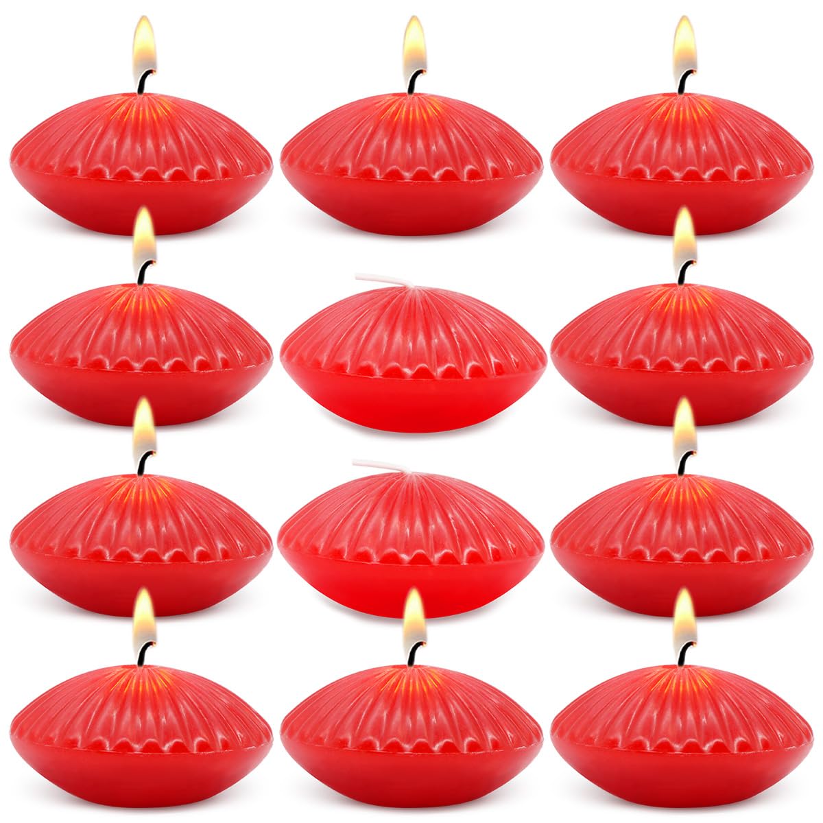 Striped Floating Candles,12-Pack 3-Inch, Red Non-Drip Wax Burning Candles for Cylindrical Vases, Weddings, Pools, Parties and Festivals