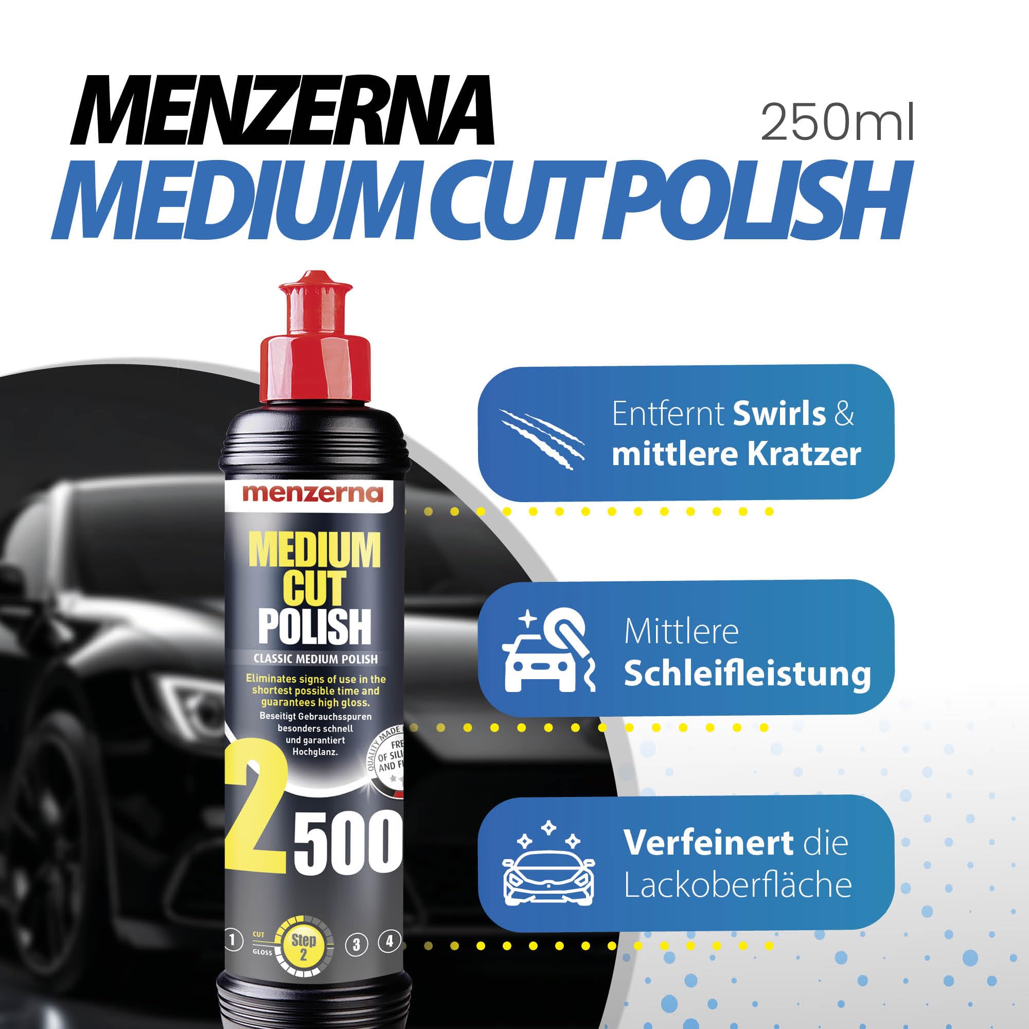 detailmate Menzerna polijstset: Menzerna: Heavy Cut Compound 1000 Medium Cut Polish 2500 Super Finish 3500 standaard pads (hard cut, medium cut, soft cut) 3 microvezeldoeken, 550 g/m²