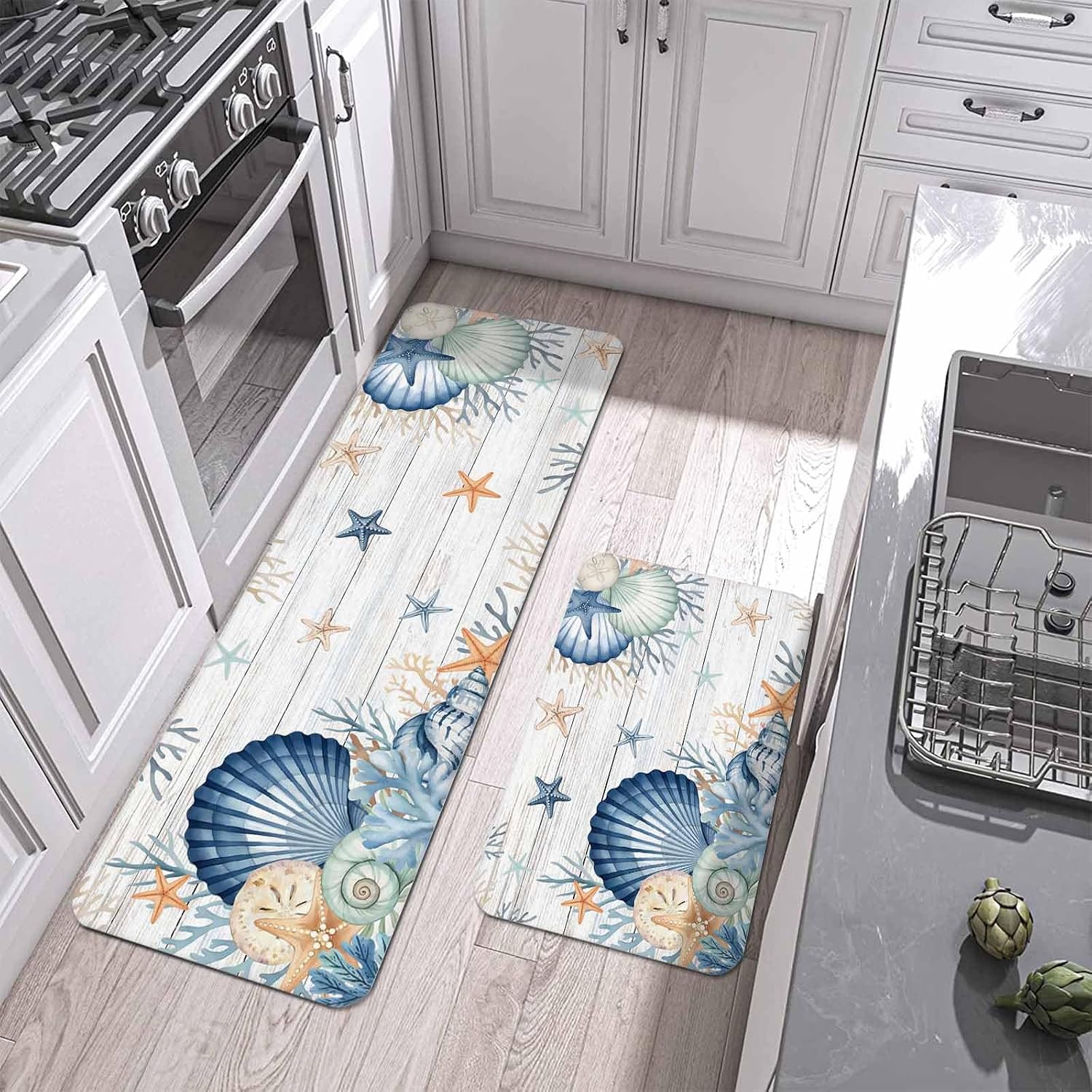 Summer Marine Life Kitchen Mats Set of 2 Watercolor Starfish Ocean Shell Wood Grain Non Slip Mat Washable Floor Rug for Kitchen Sink Floor Laundry, 15.7"x23.6"+15.7"x47.2"