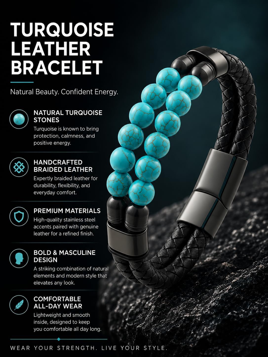 Black Braided Leather Bracelet for Men with Turquoise, Lapis Lazuli, Tiger Eye, Obsidian Stone Double-Row Wristband Beads with Stainless Steel Clasp Fashion Jewelry Gift for Him