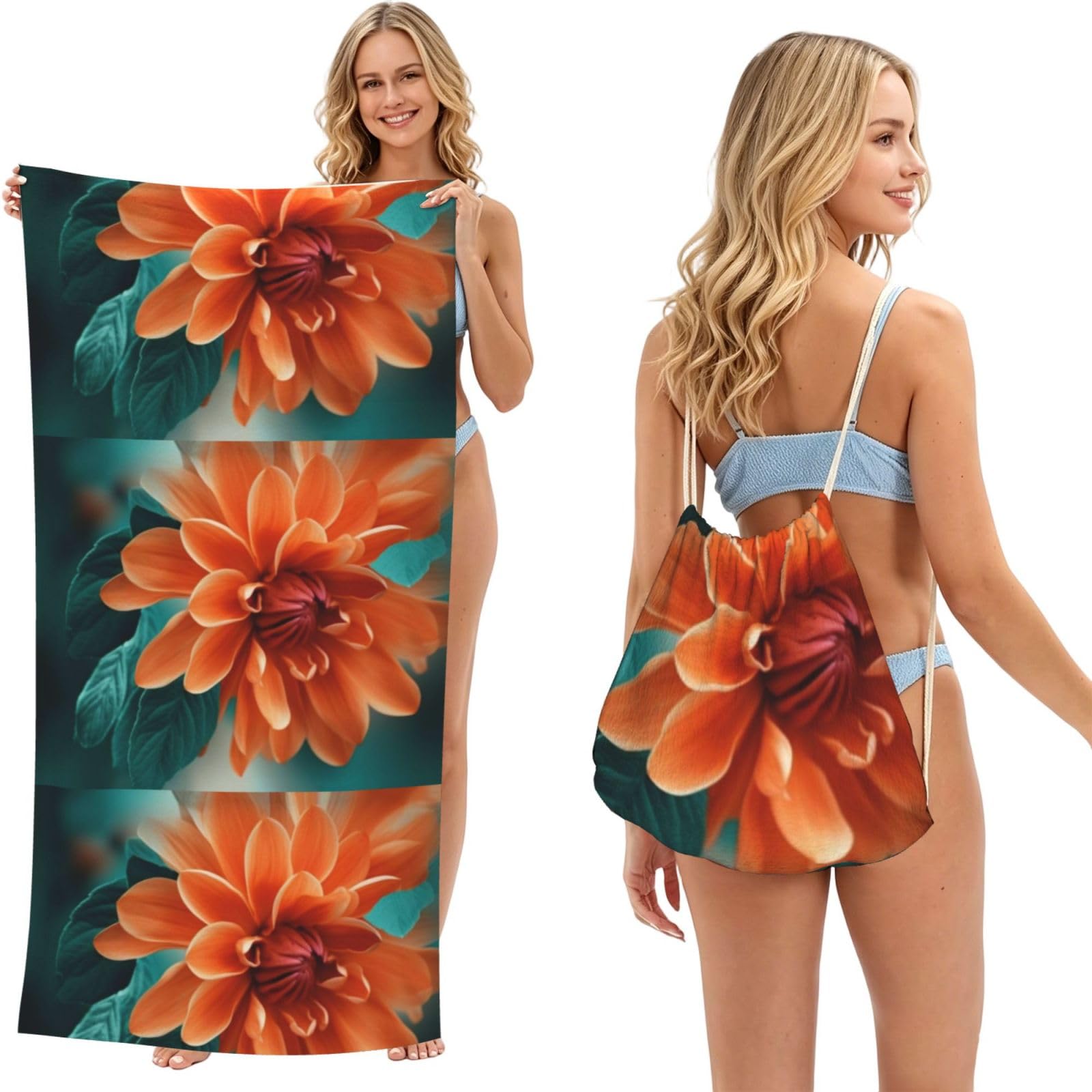 Poadnly As Picture Teal And Orange Flower, 2 In 1 Packable Towel Bag, Beach Towels With Drawstring Backpack For Travel Holiday Camping