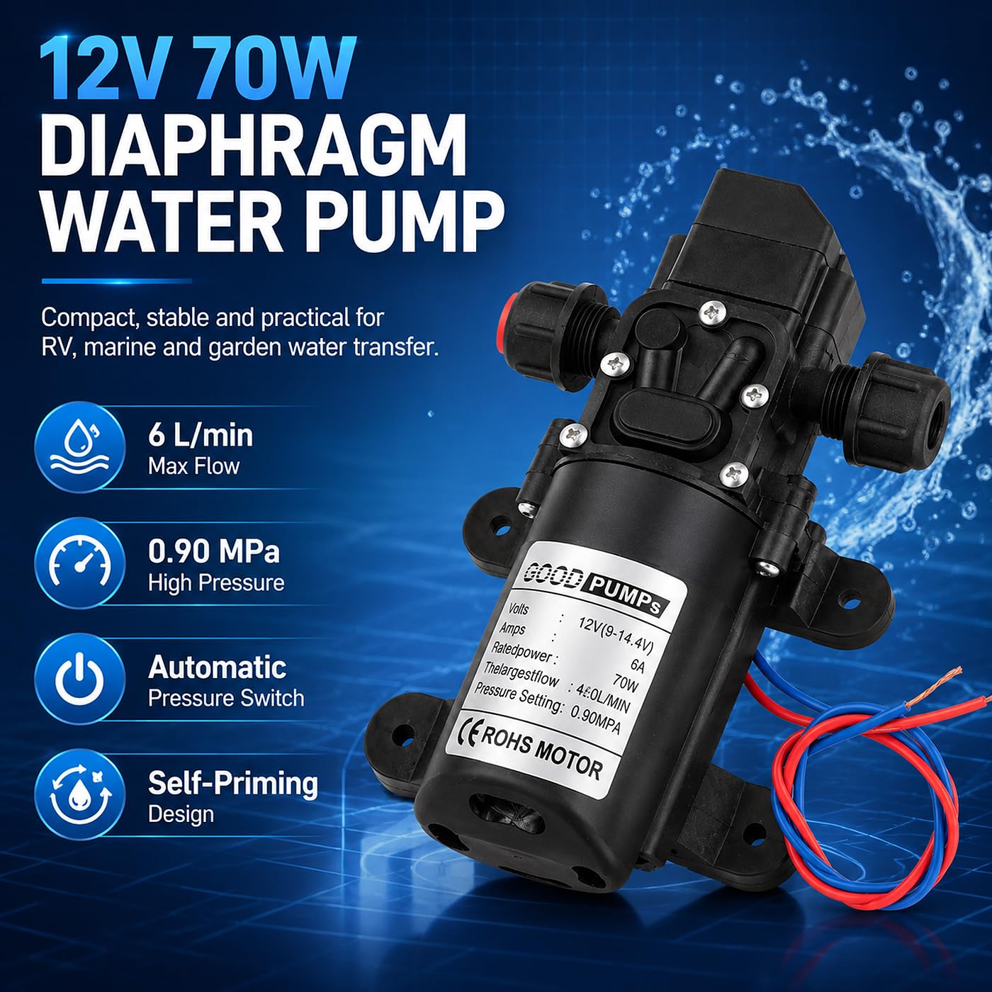 Pompe À Membrane 12V, Pompes À Eau Membrane Haute Pression DC12V 70W Pompe Pulvérisatrice Électrique Auto-Amorçante 6L/Min 0.9Mpa 131Psi, pour Caravane Camping-Car Marin Jardin de Bateaux