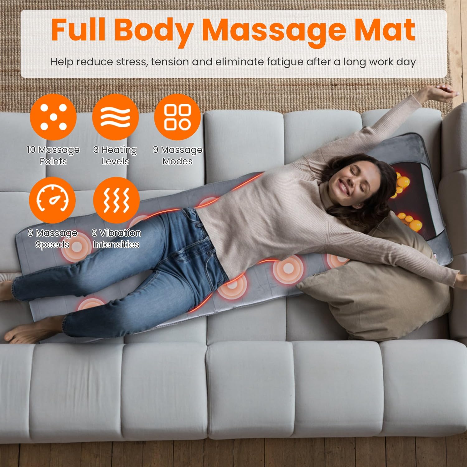 TeqHome Full Body Massage Mat with Heat & Shiatsu Neck Back Massage Pillow,Massage Mattress Chair Pad with 10 Vibration Motors,Full Body Massager 3 Heating Levels for Back Lumbar Leg Pain Relief