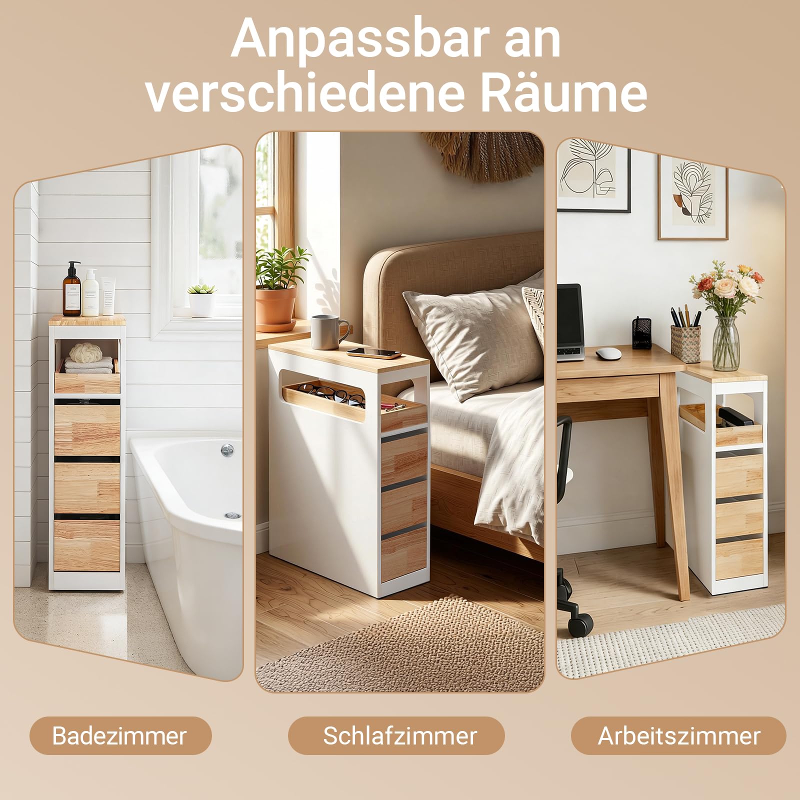 SoBuy Badezimmerschrank Schmal Badschrank mit 3 Schubladen Nischenschrank Holz für kleine Bäder WC & Küche Toilettenschrank Beistellschrank, Weiß Natur 65x23x82cmcm BZR54-III-WN